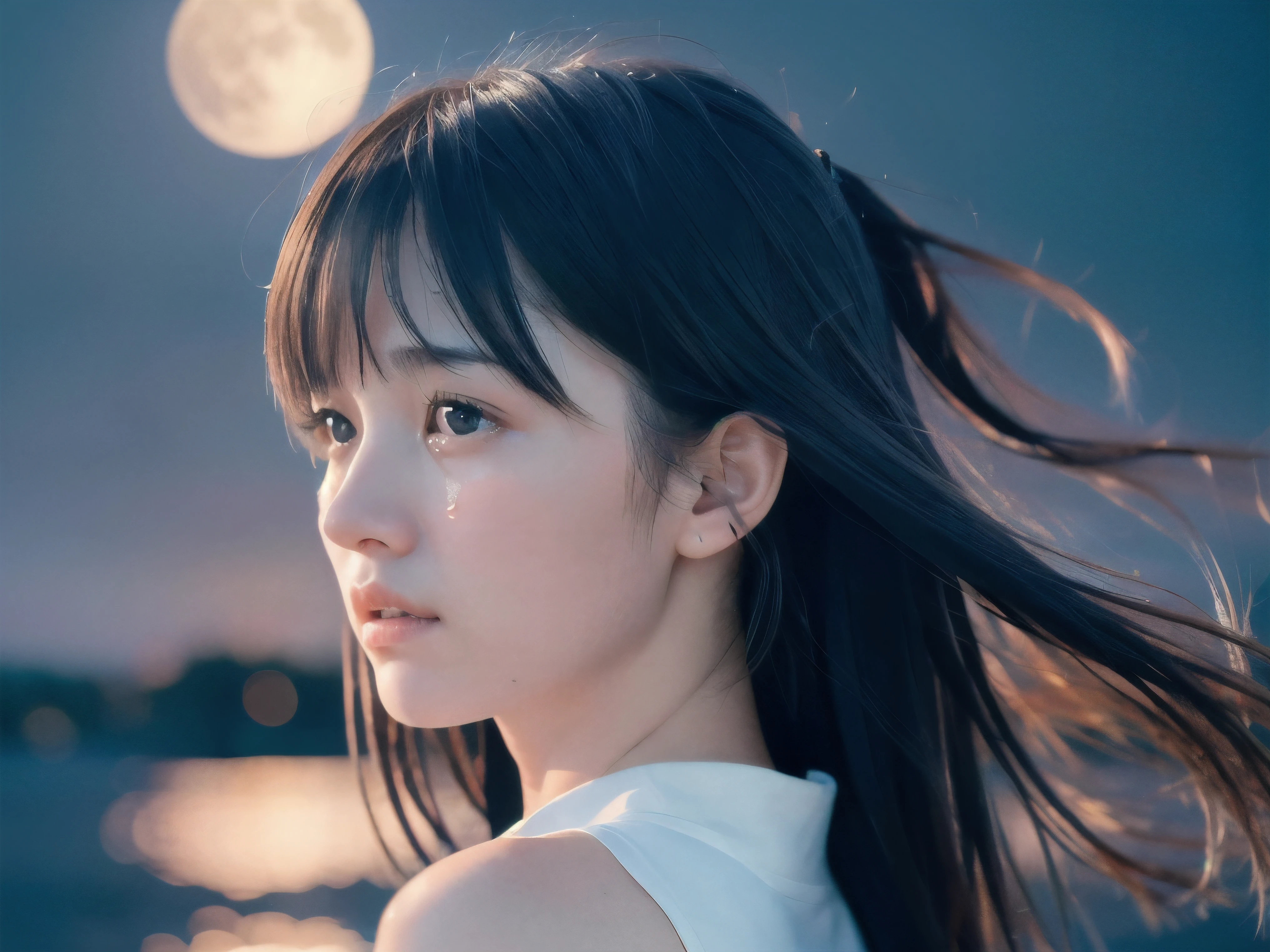 (Close up profile shot of slender small-breasted two side up black medium hair with bangs girl wearing a white summer dress:1.5)、(One girl is turn around and crying face with tears at the cape of the sea in Japan:1.5)、(Beautiful full moon night on the sea:1.5)、(blurred background:1.5)、(8k ultra detailed master piece:1.5)、(perfect ???????:1.5)、(Photorealistic stick:1.5)、(Raw photo:1.3)、(highest quality:1.5)、(High resolution:1.3)、(Delicate and beautiful perfect face:1.3)、(Delicate and beautiful eye air skin:1.3)、(Real Human Skin:1.3)、((thin legs))