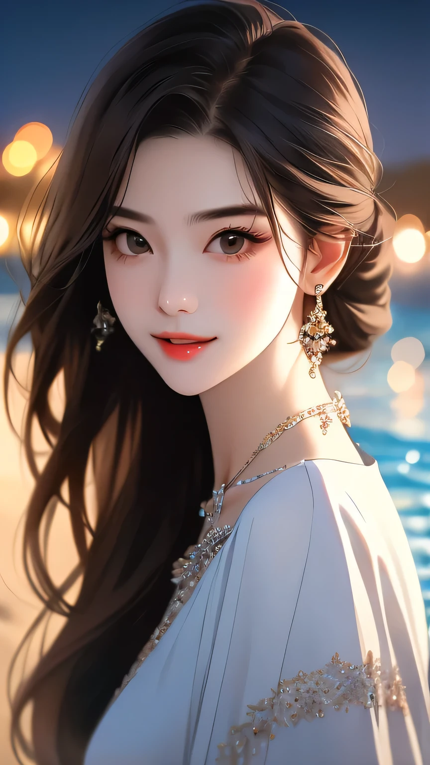 best quality、realistic、Photoreal、very detailed、very delicate and beautiful、RAW photo、professional lighting、facial light、Depth of the bounds written、focus only、Full body Esbian,1 woman (beach at night):1.4)、brown haired、brown eyes、small head、beautiful eyes、dark eyeliner、very big breasts、real face、real skin、lifelike face、real looking skin、detailed eye、detailed facial features、Detailed clothing characteristics、(fashion clothing:1.3) ), (fashion hairstyles: 1.3)、 looking at the viewer, simple background, Magnificent face and big, beautiful teeth、