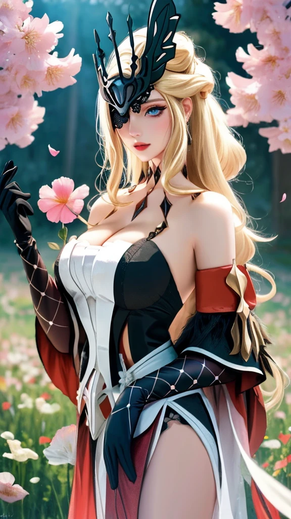 La Signora(genshin impact), 1girl, blonde long hair, mask, makeup, bare shoulders, dress, cleavage, large breasts, detached sleeves, gloves, thighs, (upper body:0.7), standing, (cowboy shot),(masterpiece, high quality, best quality), (colorful),(delicate eyes and face), volumatic light, ray tracing, extremely detailed CG unity 8k wallpaper,solo, ((flying petal)), outdoors, ((flowers field)),