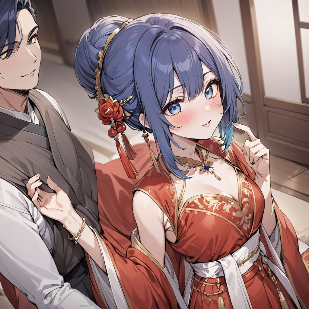 ((Highest quality)), ((masterpiece)), (detailed), (Perfect Face)、The woman, Akane Kurokawa, has short, blue bob hair tied up in a bun, is wearing a gorgeous red wedding Hanfu with gold embroidery and trim, and is lavishly dressed with gorgeous accessories and an engagement ring.、The woman is having a grand wedding with a handsome and dignified middle-aged Chinese man.
