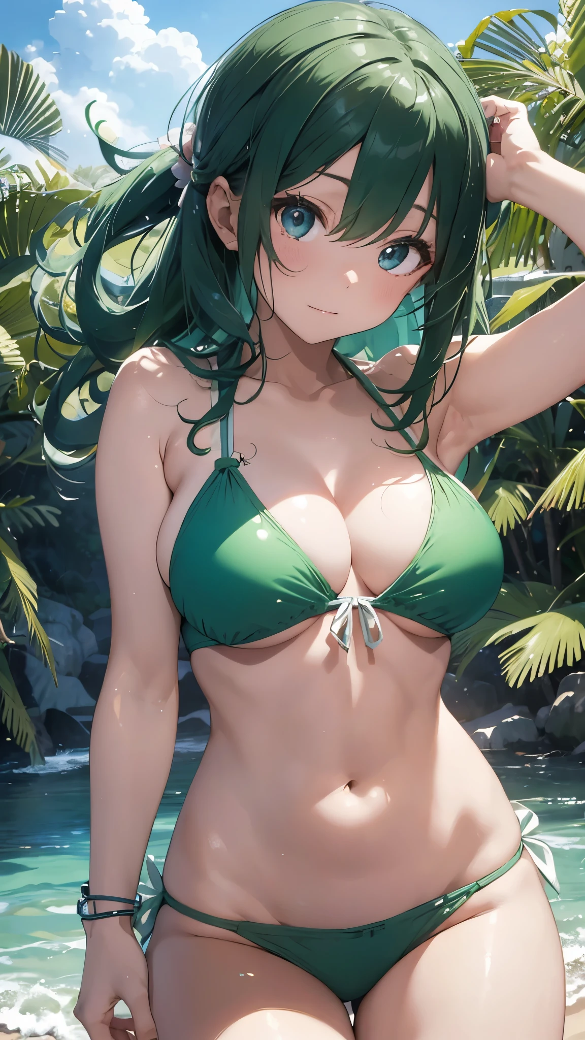 4K,8k,Green haired girl drawn in high resolution Japanese anime style、whole body、Women in white bikinis taking photos on a deserted beach, Bikini Model, , Young and cute gravure idol, Posing together in a bra, Russian and Japanese mix, sakimichan, Asian woman, Wear a swimsuit, that'that'that'that'that'that'that'that'that'that'that'that'that'that'that'that'that'that'that'that'that'that'that'that'It's hot with the shining sun, Japanese Model, Cute Core, sakimichan hdri, Young Gravure Idol, Chubby