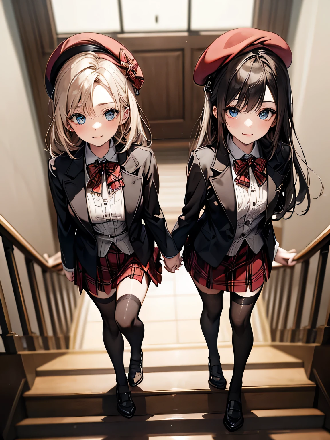 (Biologically correct limb count),Full body, including face,4K,Focus on the masterpiece face,Well-proportioned facial features,Delicate descriptive eyes,One beautiful woman,(Black jacket,red plaid skirt,stockings),(smile),Looking down,Photos with white borders,Look away from the camera,walking,Walking down the stairs,Two Girls,崖から街をLooking down,Wearing a beret