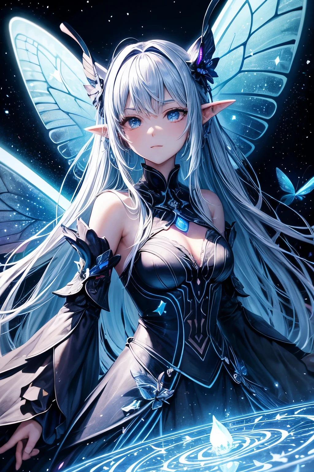 Ridiculous , High resolution, Super detailed, (1 girl:1.3), rest, dream dress, headgear, rest, light role, Dark Man, mind control, Fractal, whole body, 天flower板, artistic background, blue bioluminescence, geometric, organic, bless, favor, respectable, sublimation, noble, Expand, untie, anti-gravity, antimatter, A guardian angel, saint, 神saint, , dignified, red bioluminescence, flower, Holographic Wings, on the magic circle, Photon, Butterfly, scale, galaxy, Bick, pointed ears