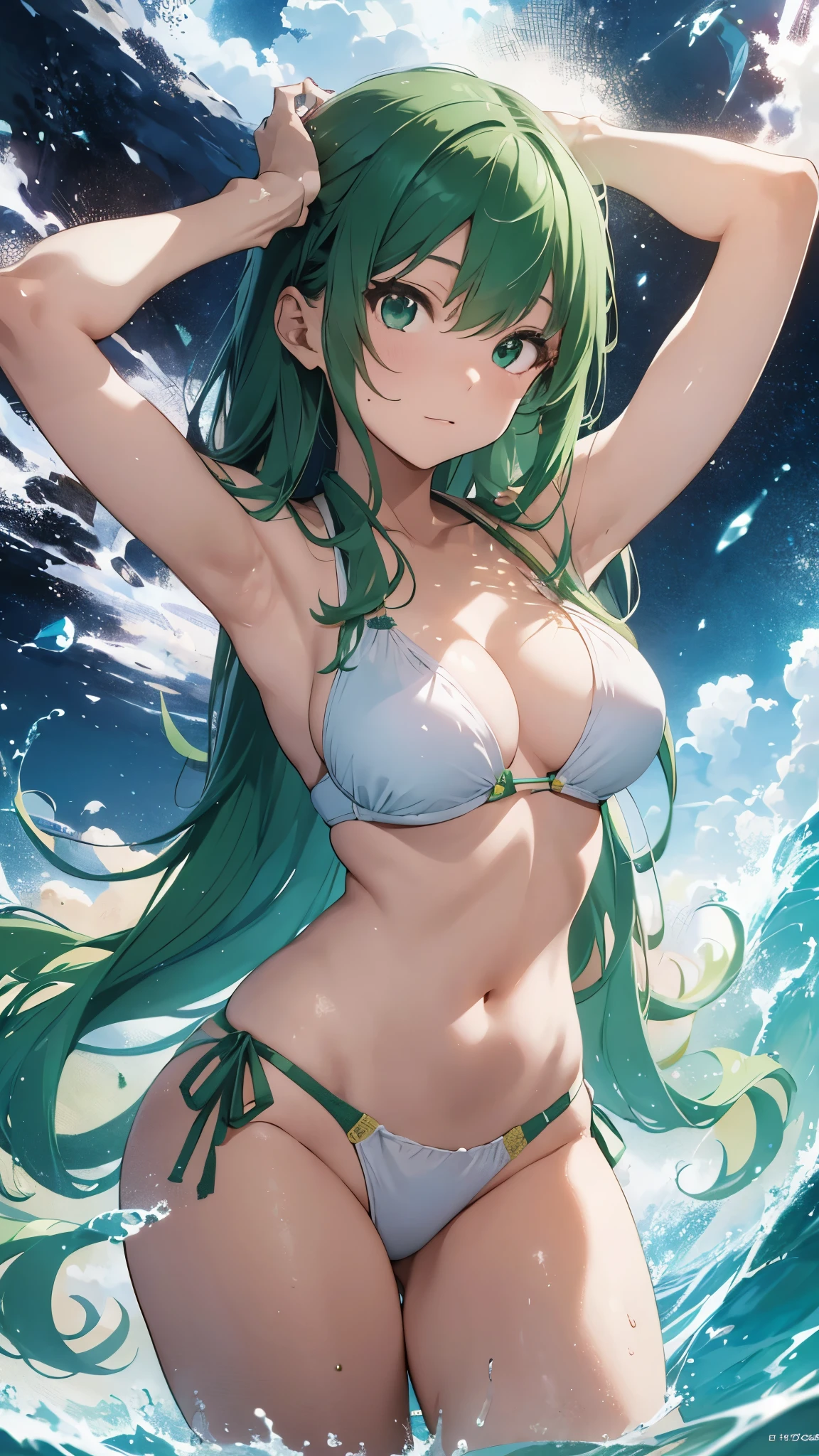 4K,8k,Green haired girl drawn in high resolution Japanese anime style、whole body、Women in white bikinis taking photos on a deserted beach, Bikini Model, , Young and cute gravure idol, Posing together in a bra, Russian and Japanese mix, sakimichan, Asian woman, Wear a swimsuit, that'that'that'that'that'that'that'that'that'that'that'that'that'that'that'that'that'that'that'that'that'that'that'that'It's hot with the shining sun, Japanese Model, Cute Core, sakimichan hdri, Young Gravure Idol, Chubby