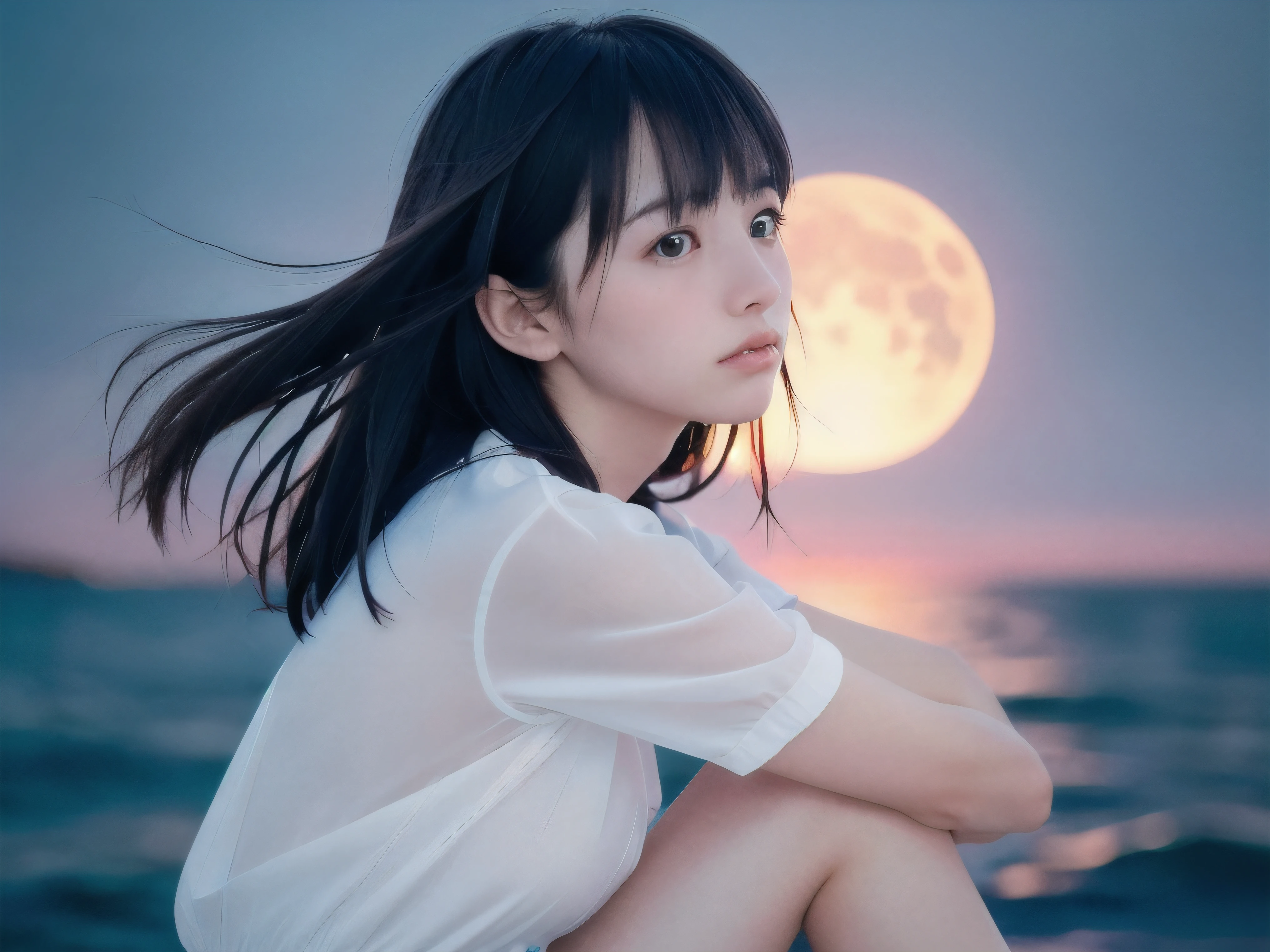 (Close up profile shot of slender small-breasted two side up black medium hair with bangs girl wearing a white summer dress:1.5)、(One girl is turn around and crying face with tears at the cape of the sea in Japan:1.5)、(Beautiful full moon night on the sea:1.5)、(blurred background:1.5)、(8k ultra detailed master piece:1.5)、(perfect anatomy:1.5)、(Photorealistic stick:1.5)、(Raw photo:1.3)、(highest quality:1.5)、(High resolution:1.3)、(Delicate and beautiful perfect face:1.3)、(Delicate and beautiful eye air skin:1.3)、(Real Human Skin:1.3)、((thin legs))