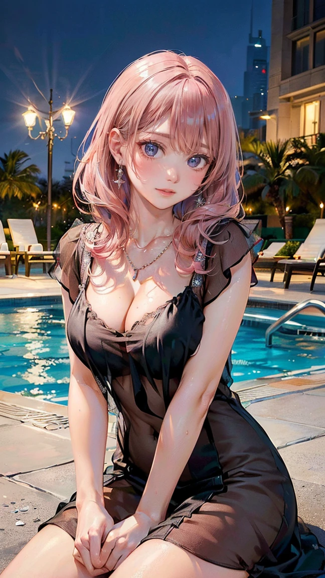 ((Highest quality, 8k, masterpiece :1.3)), (Sharp focus :1.2, Beautiful woman with perfect figure :1.4, Slim Abs), ((Big Breasts, Emphasize cleavage:1.2)), (Photorealistic:1.4), (realistic:1.4), (Pink Hair:1.5), Highly detailed face and skin texture, Fine grain, double eyelid. Makeup face, A little bit of lipstick, sex appeal, Sexy gravure pose, ((A gal wearing a black see-through dress、Happy smiling faces by the pool at a luxury hotel in Dubai。Diamond necklaces to accentuate your beautiful legs。:1.3))