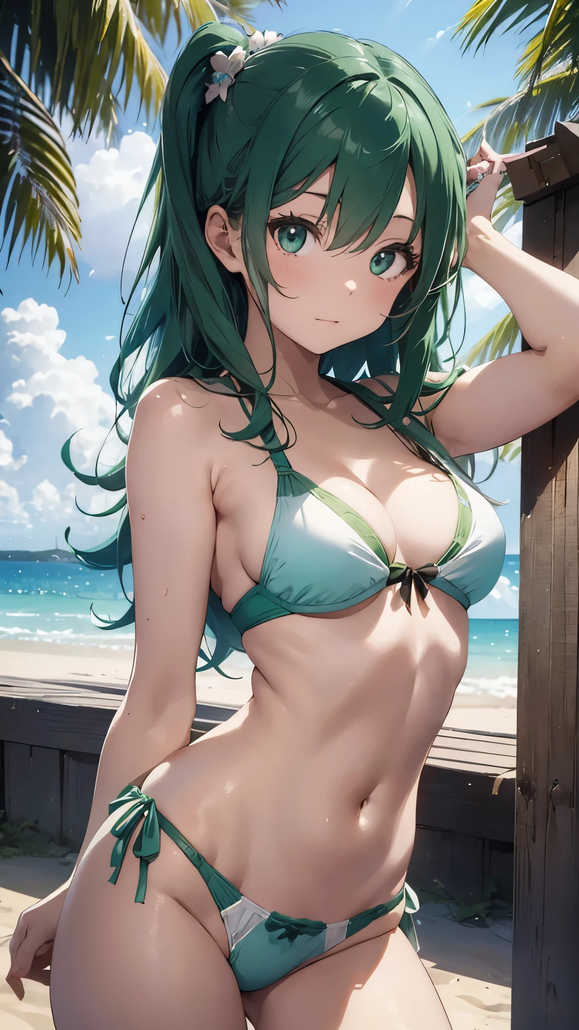 4K,8k,Green haired girl drawn in high resolution Japanese anime style、whole body、Women in white bikinis taking photos on a deserted beach, Bikini Model, , Young and cute gravure idol, Posing together in a bra, Russian and Japanese mix, sakimichan, Asian woman, Wear a swimsuit, that'that'that'that'that'that'that'that'that'that'that'that'that'that'that'that'that'that'that'that'that'that'that'that'It's hot with the shining sun, Japanese Model, Cute Core, sakimichan hdri, Young Gravure Idol, Chubby