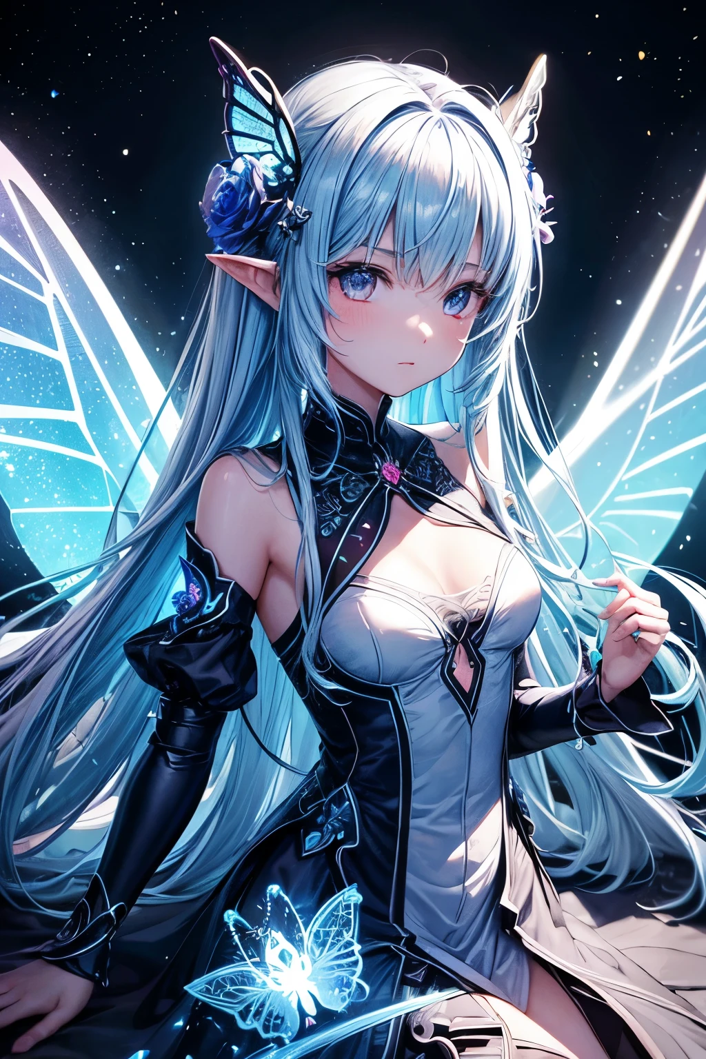 Ridiculous , High resolution, Super detailed, (1 girl:1.3), rest, dream dress, headgear, rest, light role, Dark Man, mind control, Fractal, whole body, 天flower板, artistic background, blue bioluminescence, geometric, organic, bless, favor, respectable, sublimation, noble, Expand, untie, anti-gravity, antimatter, A guardian angel, saint, 神saint, , dignified, red bioluminescence, flower, Holographic Wings, on the magic circle, Photon, Butterfly, scale, galaxy, Bick, pointed ears