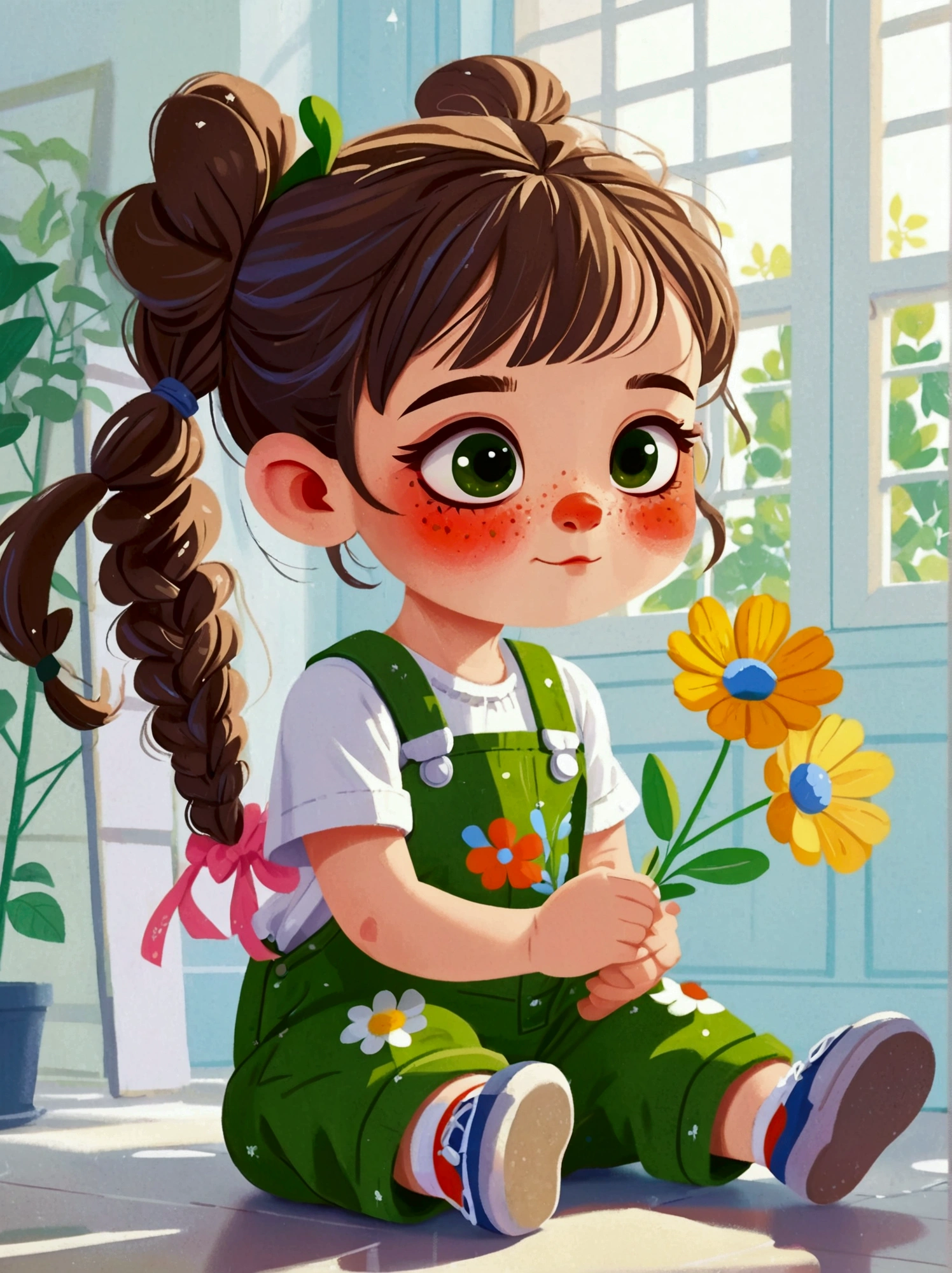 (Low Angle Shot:1.8), (((projected inset, dutch angle, vanishing point, from below))), (8k,Bright colors,Bright,Ultra high saturation,rgb, Colorful), Cartoon,Character Design,Cute ,big eyes,Long hair,With pigtails,Holding flowers,Wearing green overalls,可爱的Q版Cartoon风格,Simple background,White Walls,White floor,Colorful illustrations,Bright colors,White shoes,Full body image,Bright colors,HD,High-resolution images in a Q-version style