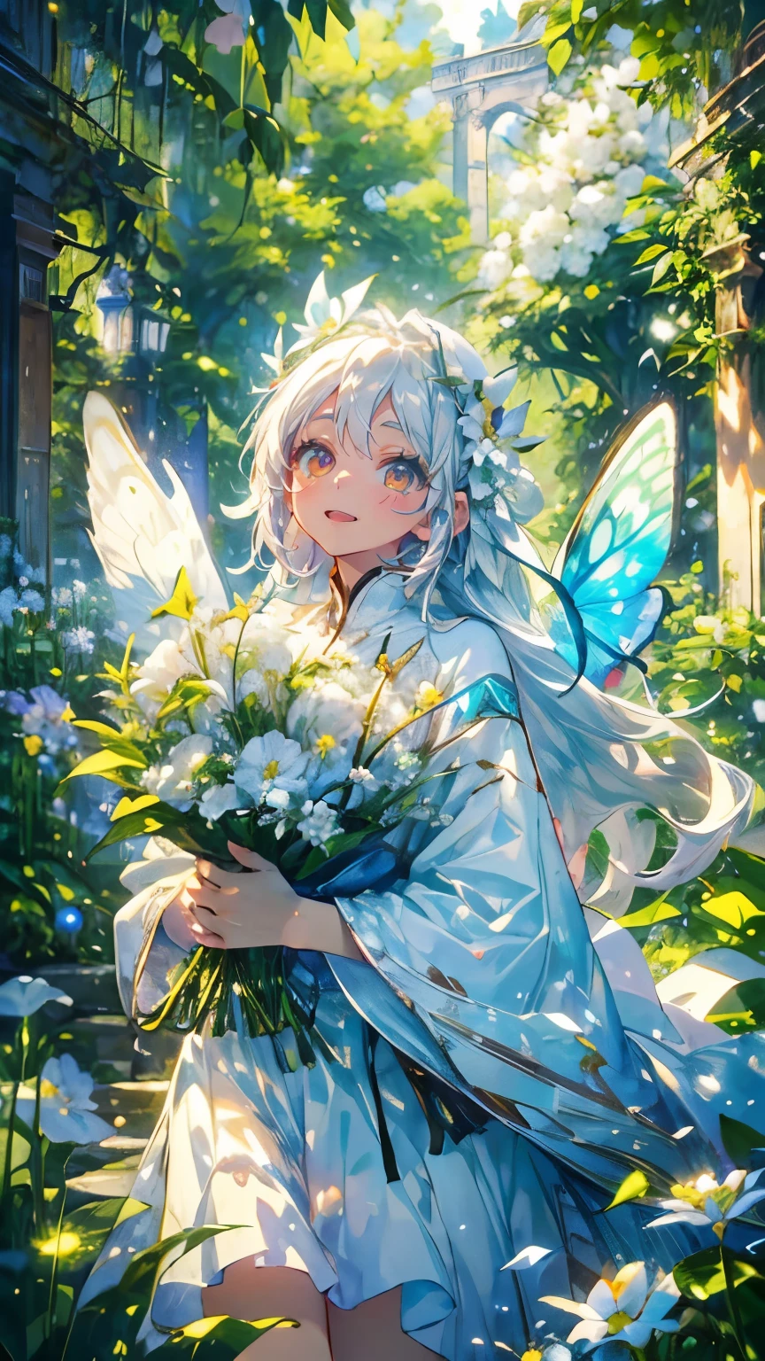 (Mastepiece), (Best Quality), Very detailed, 1 girl, (Solo Shooting:1.4), Perfect Face, beautiful girl, Very detailedな顔，(Long white hair:1.5)，(Green Eyes:1.4)，(White Dress:1.4)、(Lots of butterflies々:1.2)、bird、(ruins、Plants、flower:1.4)、(たくさんのflowerびら:1.3)、Fairy、mysterious、Fantasy、beautiful、beautiful、(Close your eyes and laugh:1.3)、(Happy Face:1.4)、A big smile