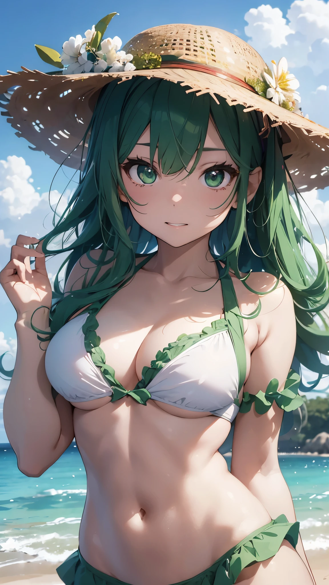 4K,8k,Green haired girl drawn in high resolution Japanese anime style、whole body、Women in white bikinis taking photos on a deserted beach, Bikini Model, , Young and cute gravure idol, Posing together in a bra, Russian and Japanese mix, sakimichan, Asian woman, Wear a swimsuit, that'that'that'that'that'that'that'that'that'that'that'that'that'that'that'that'that'that'that'that'that'that'that'that'It's hot with the shining sun, Japanese Model, Cute Core, sakimichan hdri, Young Gravure Idol, Chubby
