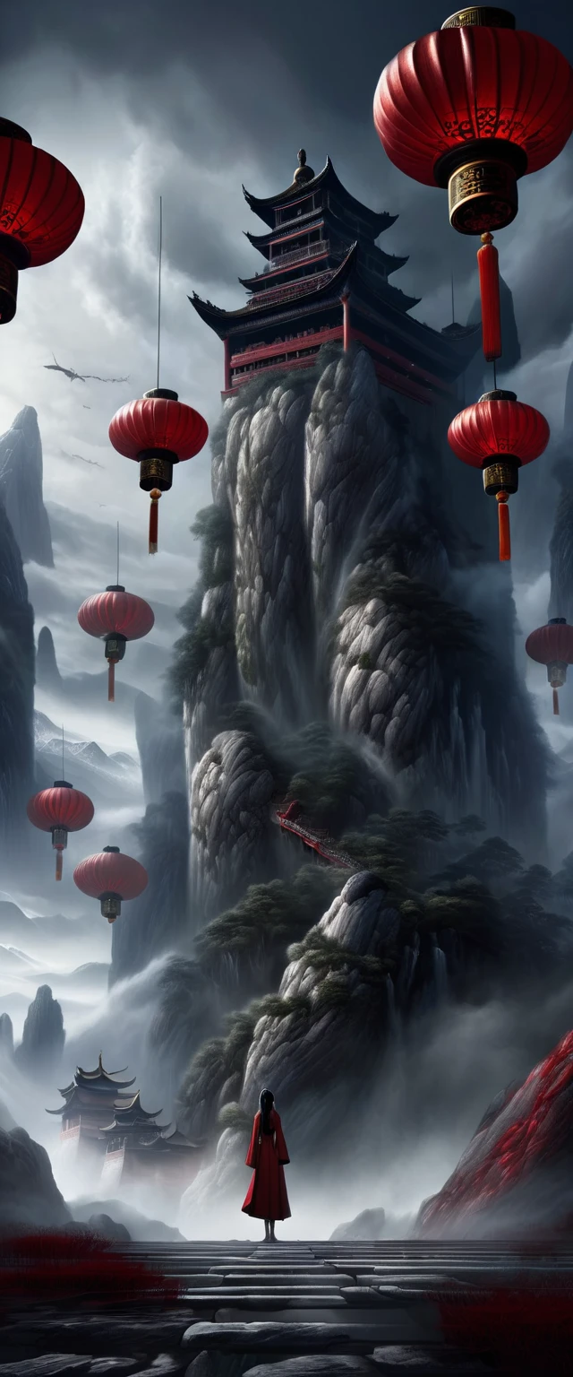 (guiguai),(1girl:1.2),1 girl stands in front of a huge monster,1lady standing,(full body:1.1),(looking at viewer:1.5),detailed face,detailed eyes,dramatic lighting,monster,wing,red lanterns,(chinese-style architecture:1.2),translucent soul,luminous,atmospheric reentry,with vast sky,continuous mountains and steep cliffs,atmospheric atmosphere,depth of field,mist rising,stone pavilions,waterfalls,shuimobysim,bonian,from below,