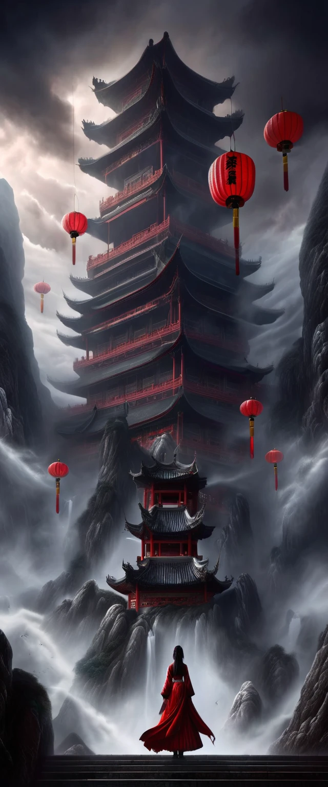 (guiguai),(1girl:1.2),1 girl stands in front of a huge monster,1lady standing,(full body:1.1),(looking at viewer:1.5),detailed face,detailed eyes,dramatic lighting,monster,wing,red lanterns,(chinese-style architecture:1.2),translucent soul,luminous,atmospheric reentry,with vast sky,continuous mountains and steep cliffs,atmospheric atmosphere,depth of field,mist rising,stone pavilions,waterfalls,shuimobysim,bonian,from below,