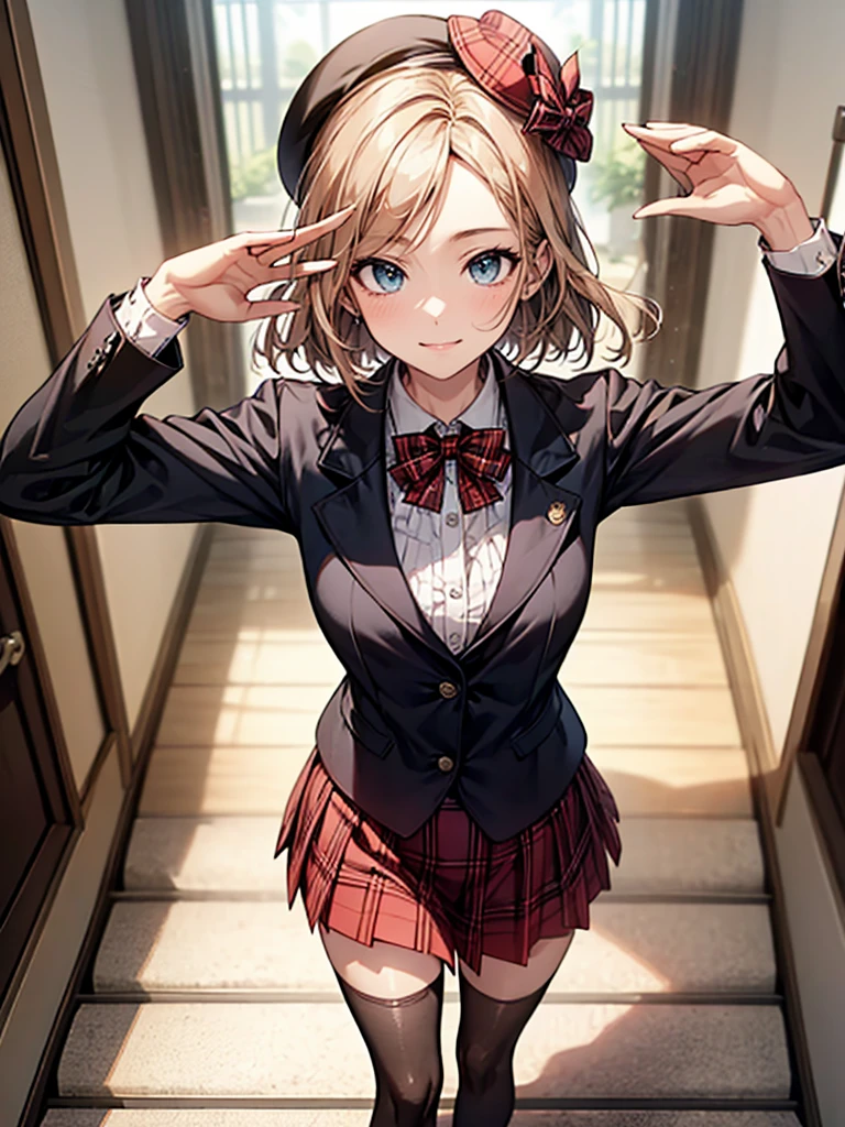 (Biologically correct limb count),Full body, including face,4K,Focus on the masterpiece face,Well-proportioned facial features,Delicate descriptive eyes,One beautiful woman,(Black jacket,red plaid skirt,stockings),(smile),Looking down,Photos with white borders,Look away from the camera,walking,Walking down the stairs,Two Girls,崖から街をLooking down,Wearing a beret、Close-up photo of the upper body