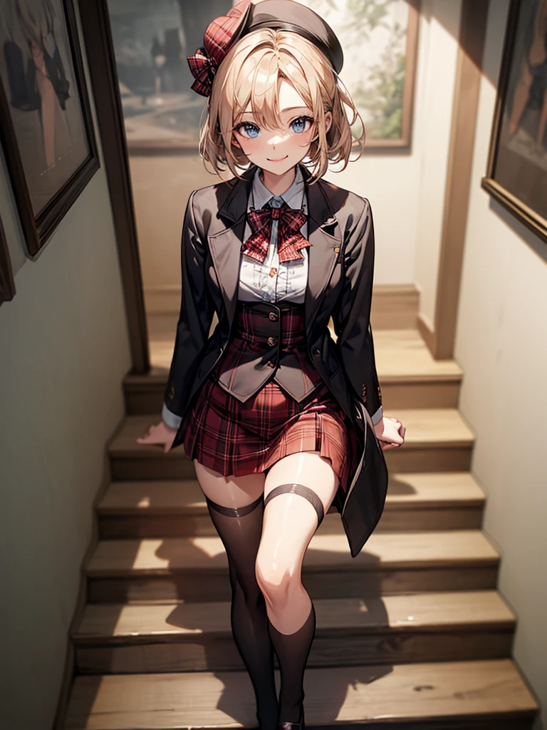 (Biologically correct limb count),Full body, including face,4K,Focus on the masterpiece face,Well-proportioned facial features,Delicate descriptive eyes,One beautiful woman,(Black jacket,red plaid skirt,stockings),(smile),Looking down,Photos with white borders,Look away from the camera,walking,Walking down the stairs,Two Girls,崖から街をLooking down,Wearing a beret、Close-up photo of the upper body