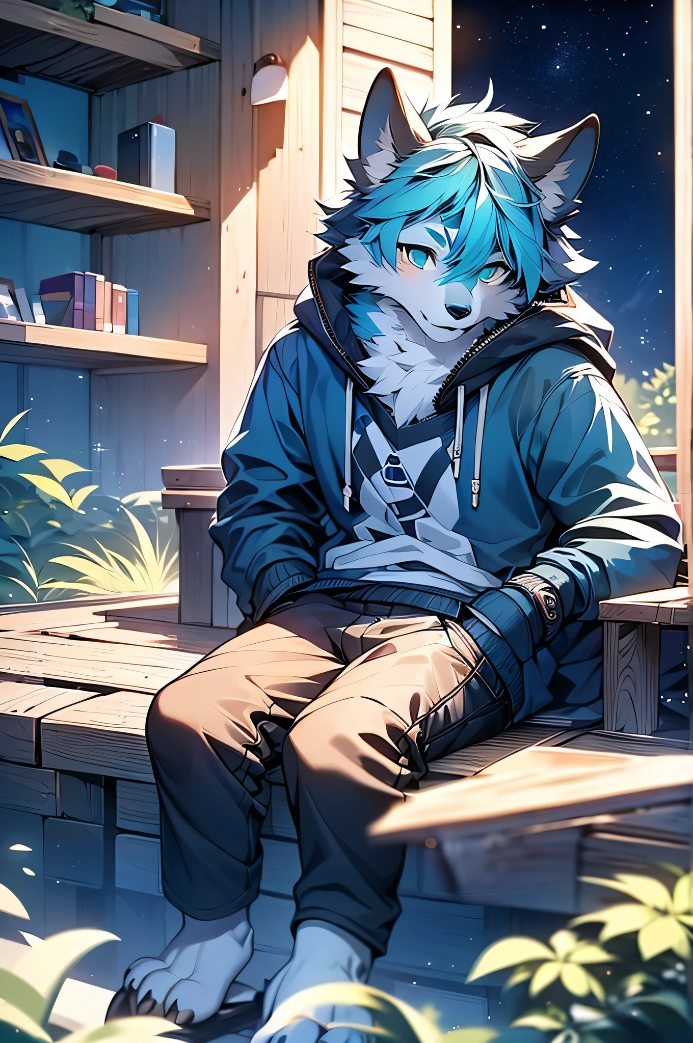 8k, Super Detail, precise, best quality,Seventeen-year-old werewolf,Cyan hair,Wearing an indigo sweatshirt,Rich plush texture,Realistic style,Sitting on the grass,The sky is full of stars,night,Detailed background