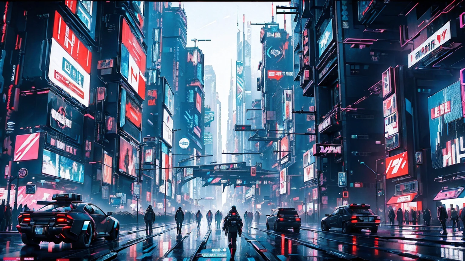 ((The Future of Cyberpunk)), Image of a cyberpunk city center, Surrounded by buildings、Advertising billboards everywhere, Retro-future