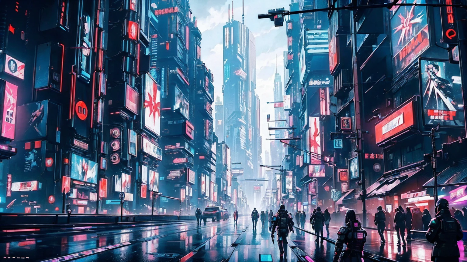 ((The Future of Cyberpunk)), Image of a cyberpunk city center, Surrounded by buildings、Advertising billboards everywhere, Retro-future