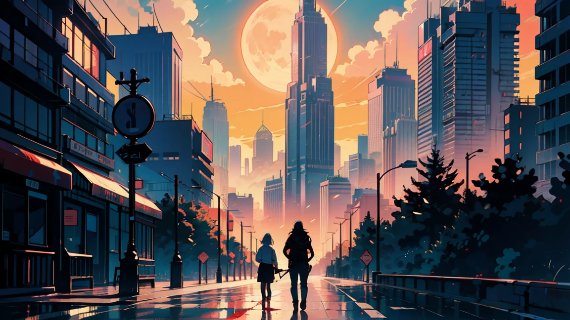anime style protagonists、Colorful clothing weapon、handgun、Blood all over the body.、Shoot from the knee up..、The Beginning of the Adventure、many clouds,fog、large moon、lightning strike、The busy city of the future、dystopia、A group of very tall skyscrapers stands in the center..、Very complex urban landscape,Crowded Chinese skyscrapers、High Radio Tower、Trees、Road signs、Street lighting、taxi、bus、train、warm light,Dark Street、lake、confusing、Beautiful and breathtaking scenery..、film set、high qualiy、Parts tables,in 8K、high resolution、rengoku