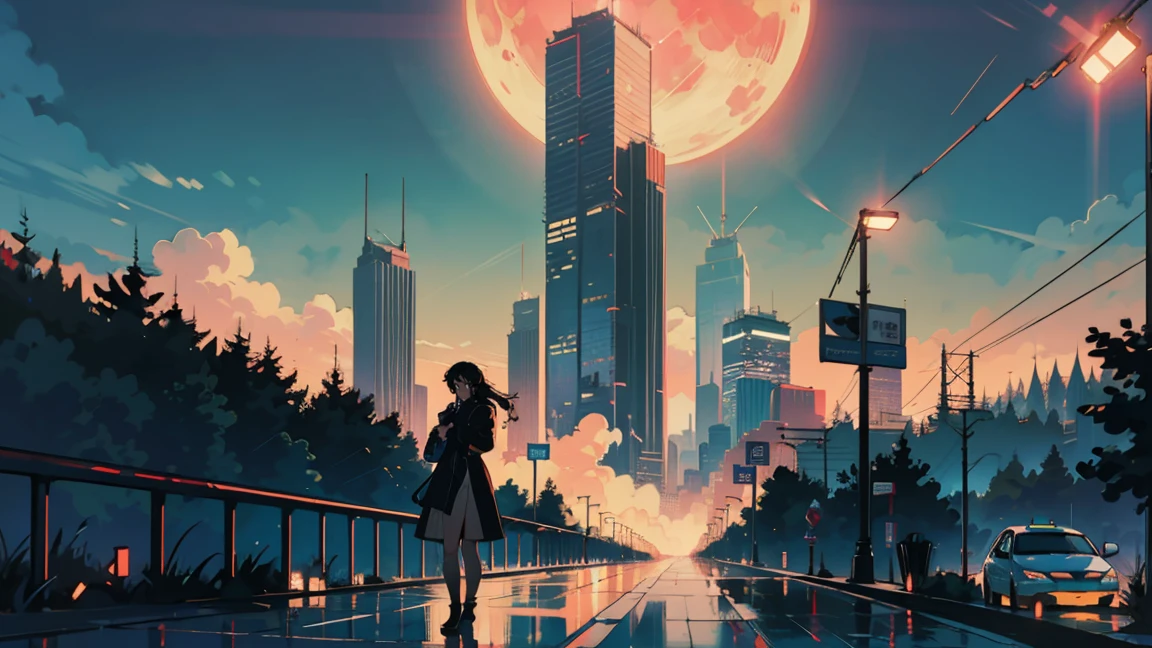 anime style protagonists、Colorful clothing weapon、handgun、Blood all over the body.、Shoot from the knee up..、The Beginning of the Adventure、many clouds,fog、large moon、lightning strike、The busy city of the future、dystopia、A group of very tall skyscrapers stands in the center..、Very complex urban landscape,Crowded Chinese skyscrapers、High Radio Tower、Trees、Road signs、Street lighting、taxi、bus、train、warm light,Dark Street、lake、confusing、Beautiful and breathtaking scenery..、film set、high qualiy、Parts tables,in 8K、high resolution、rengoku