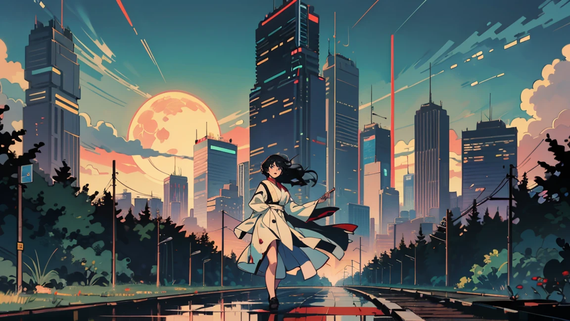 anime style protagonists、Colorful clothing weapon、handgun、Blood all over the body.、Shoot from the knee up..、The Beginning of the Adventure、many clouds,fog、large moon、lightning strike、The busy city of the future、dystopia、A group of very tall skyscrapers stands in the center..、Very complex urban landscape,Crowded Chinese skyscrapers、High Radio Tower、Trees、Road signs、Street lighting、taxi、bus、train、warm light,Dark Street、lake、confusing、Beautiful and breathtaking scenery..、film set、high qualiy、Parts tables,in 8K、high resolution、rengoku