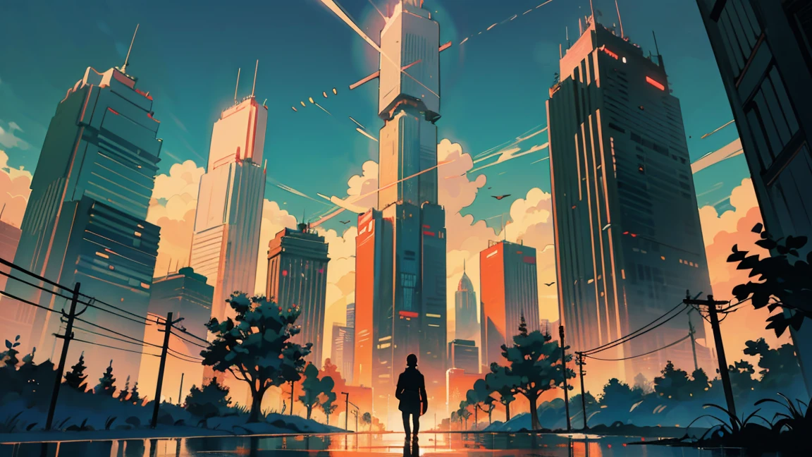 anime style protagonists、Colorful clothing weapon、handgun、Blood all over the body.、Shoot from the knee up..、The Beginning of the Adventure、many clouds,fog、large moon、lightning strike、The busy city of the future、dystopia、A group of very tall skyscrapers stands in the center..、Very complex urban landscape,Crowded Chinese skyscrapers、High Radio Tower、Trees、Road signs、Street lighting、taxi、bus、train、warm light,Dark Street、lake、confusing、Beautiful and breathtaking scenery..、film set、high qualiy、Parts tables,in 8K、high resolution、rengoku