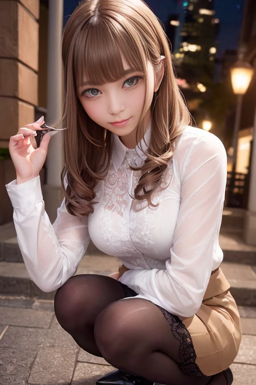 8K RAW Photos、High resolution、17-year-old daughter、Layered Hair、Formal Shirt、Formal skirt with slit、smile、Long eyelashes、Beautiful double eyelids、eye shadow、Beautiful slim legs、(super Realistic pantyhose:1.3)、short hair、In front of the station at night、Stairs at night、Squat、Please sit down、Luxury High Heels、(Intricate details:1.4),(Realistic:1.4),Octane Rendering, 複雑な 3D レンダリングのVery detailed, Soft studio light, Rim Light, Sharp details, Very detailed, Realistic skin texture, Surface Details, Beautiful eyes in every detail, Highly detailed CG Unity 8K wallpapers, Compensate, (Detailed Background:1.2),