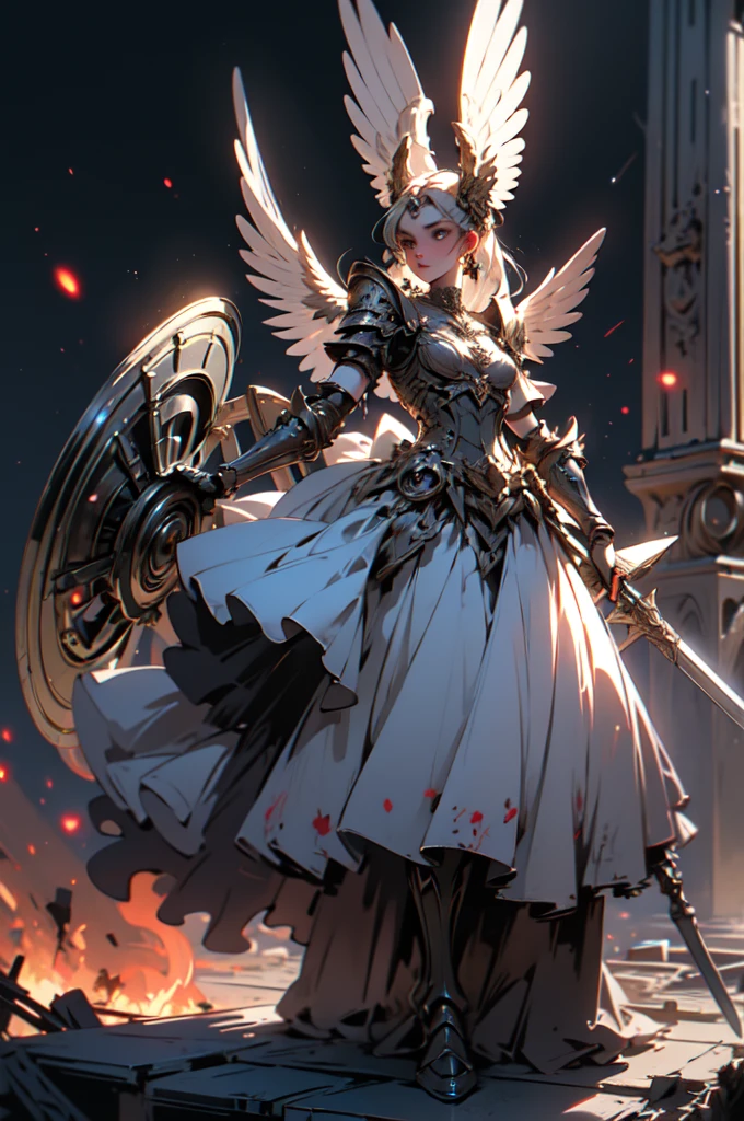 ((Highest quality)), ((masterpiece)), (detailed), Perfect Face ((Highest quality)), ((masterpiece)), (detailed), , Inspired by Bloodborne, occult aesthetic, occult, detailed and intricate steampunk and detailed gothic, Browsing Caution, Very dramatic and cinematic lighting, Space horror, dark, Side light, Perfect Face, Valkyries, the beautiful goddesses worshipped in armor, Inspired by Bloodborne valkyrie, occult aesthetic valkyrie, occult valkyrie, detailed and intricate steampunk and detailed gothic valkyrie, Brandishing a sword、Hold a shield, Browsing Caution, Fluttering lace flared long Knee length dresses with frilly petticoats, Knee length dresses, Pleated petticoat, Lolita Dress, Petticoat Gothic Lolita, Side light, Gothic Lolita Aesthetics, beautiful Small breasts, Small breasts, Full body, whole body, Red flame background、Background of burning ruins、 Browsing Caution, Full body, whole body, Head to Toe
