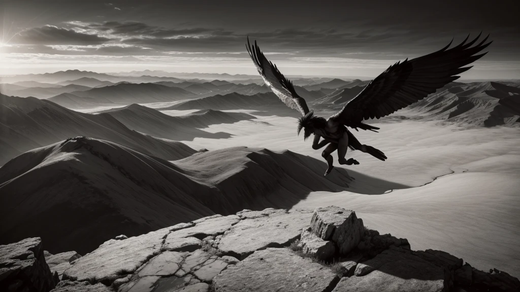 A realistic-toned black and white scene. Icarus is flying high towards the sun, His wings open as he crosses the lonely sky. On one side of the image, Daedalus, your father, is standing on a mountain, watching your fly. The landscape below is vast and desolate, with mountains and valleys, capturing the intensity and melancholy of the moment. onde tudo fique no centro da imagem e que sirva para capa do youtube