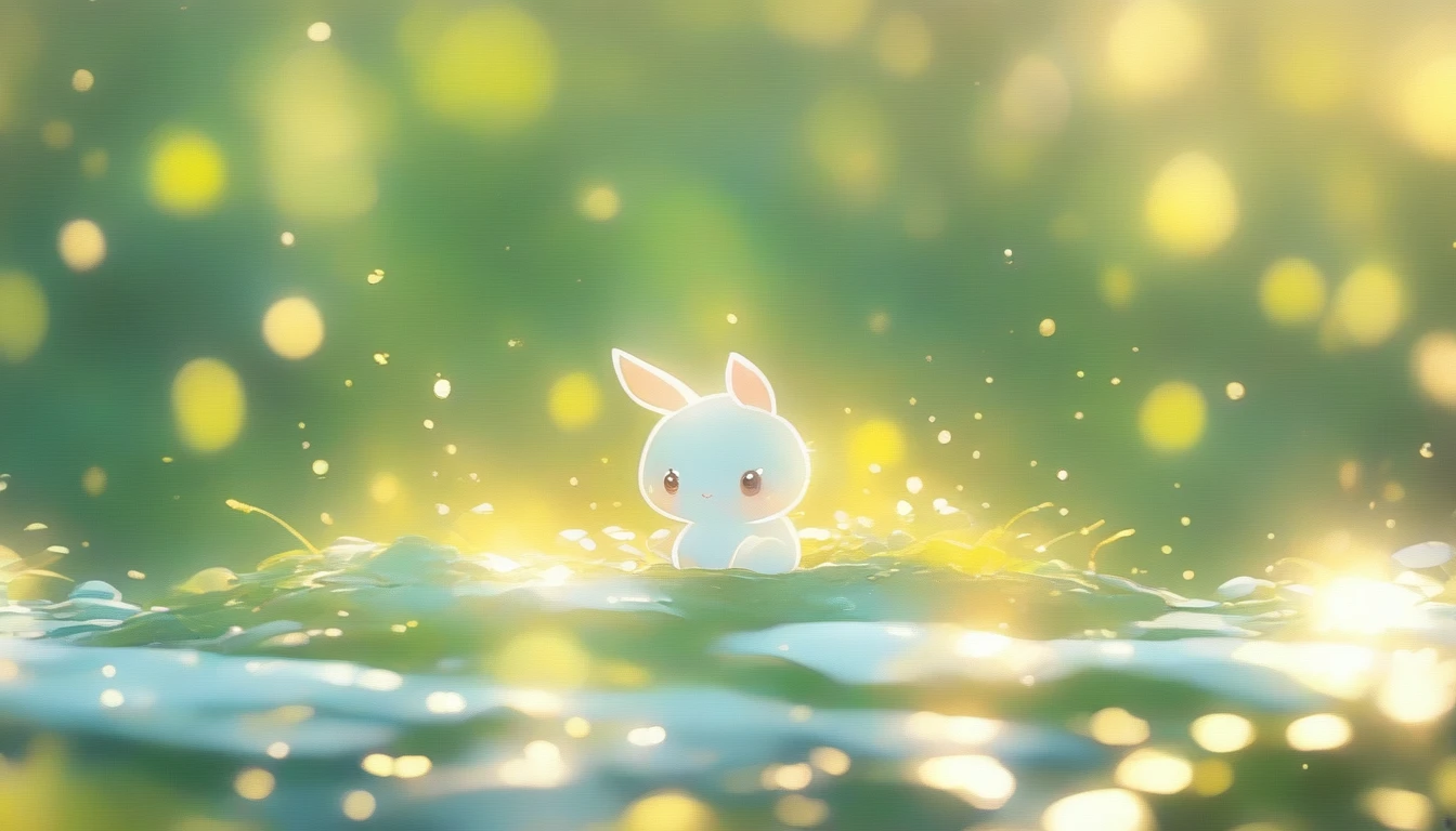 an adorable chibi kawaii white baby bunny with big round head and extra large watery eyes sitting in a hot spring