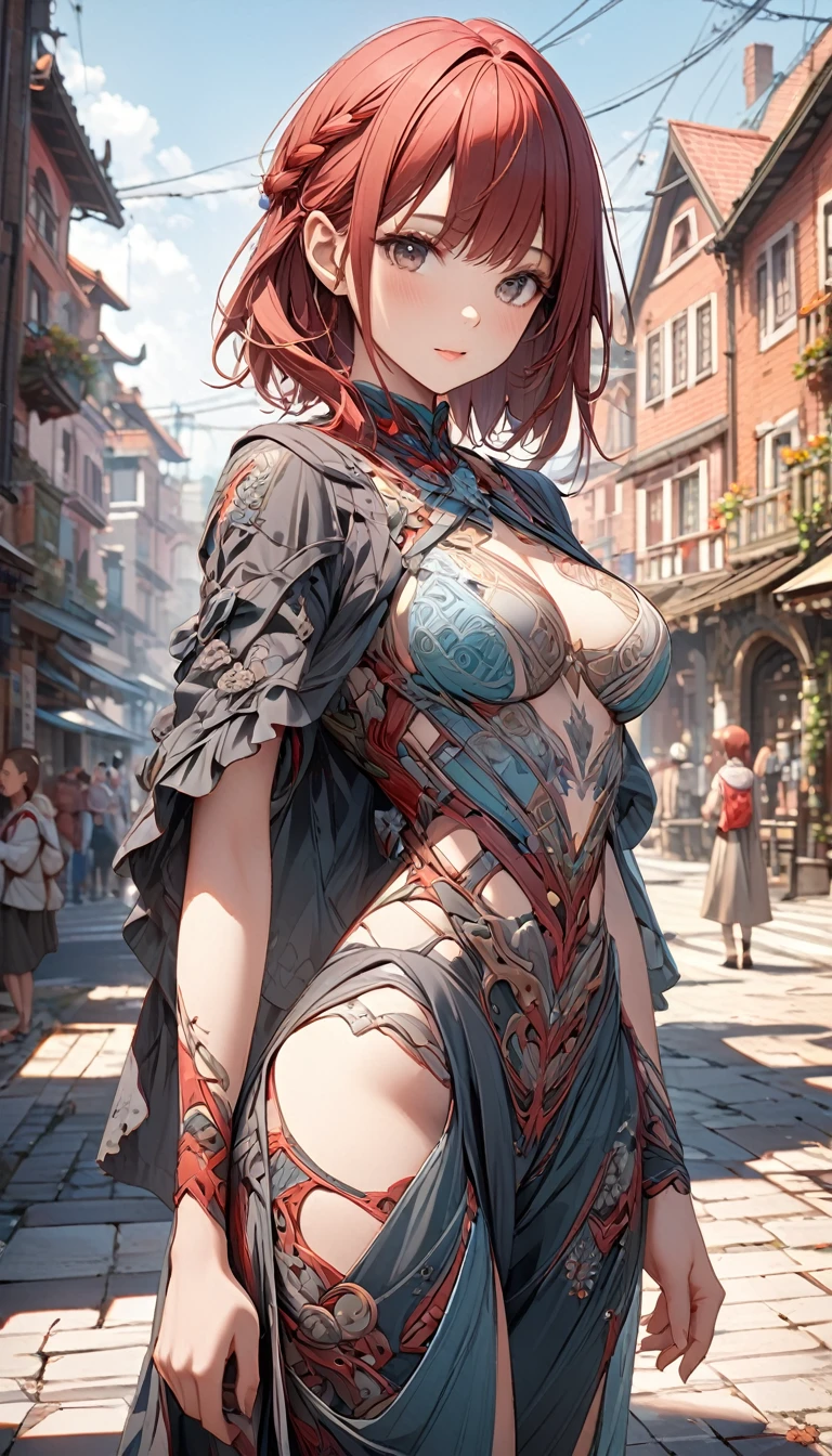 Beautiful girl posing.photography師用低視角拍攝.Beautiful and extremely fine-textured red bricks in the foreground and town in the background,detailed, bright, High definition and high quality presentation((Masterpieces in up to 16K resolution):1.6),((soft_color_photography:)1.5), ((Super detailed):1.4),((Typical static images and dynamic angles):1.3), ( perfect anatomy )Complex patterns, soft shadows, highly detailed structures, digital art, high detail,