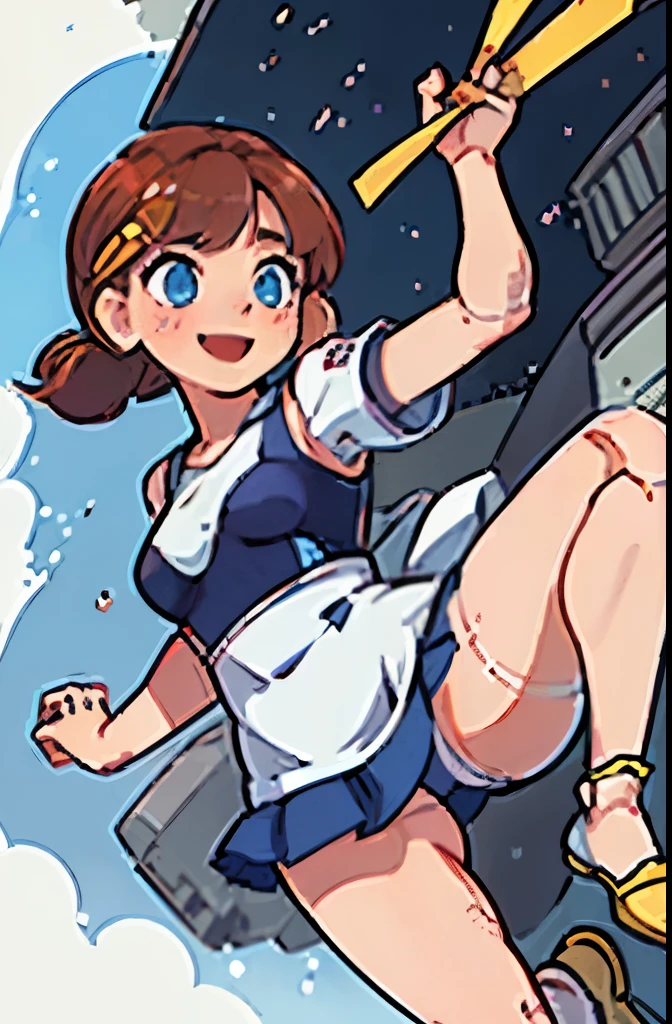 android, beautiful robot, short pigtails, brown hair, Hair tie with two big red clothespins, big smile, brown hair, middle age, joint seam, blue eyes, full body figure, Height: 160cm, Light beige micro mini one-piece dress, fluttering skirt, skirt folds, white retro swimwear, Uplifting, 2020s anime style, 21thcentury japan animation, show White pantie, strong wind is blowing.