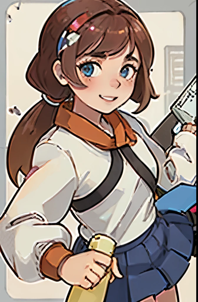android, beautiful robot, short pigtails, brown hair, Hair tie with two big red clothespins, big smile, brown hair, middle age, joint seam, blue eyes, full body figure, Height: 160cm, Light beige micro mini one-piece dress, fluttering skirt, skirt folds, white retro swimwear, Uplifting, 2020s anime style, 21thcentury japan animation, show White pantie, strong wind is blowing.