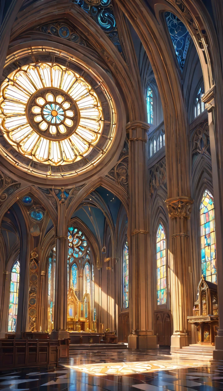 photo, a cathedral with stained glass windows and a statue in the middle (SaintsChapel style:1) <lora:djzSaintsChapelV21:1>