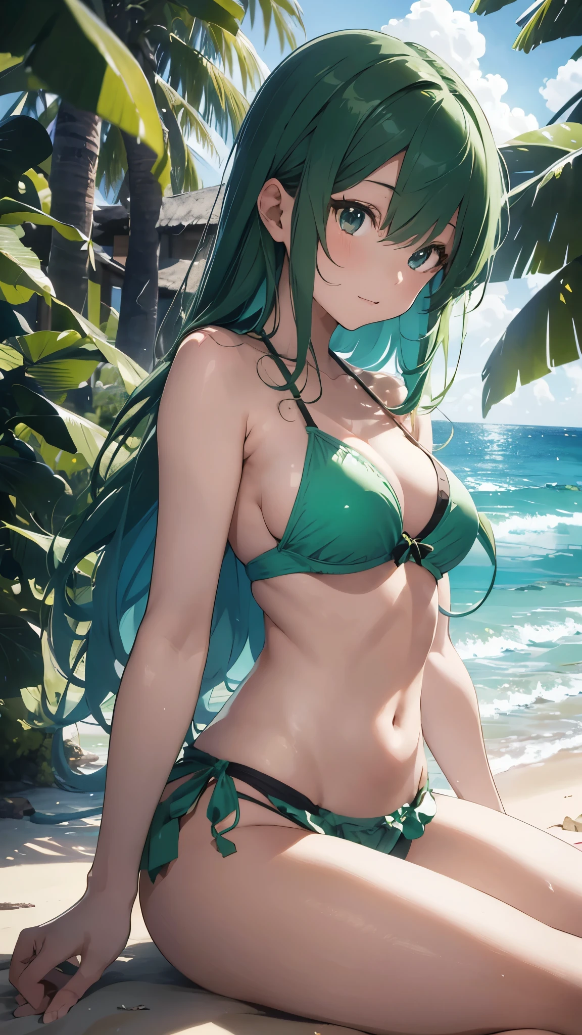 4K,8k,Green haired girl drawn in high resolution Japanese anime style、whole body、Women in white bikinis taking photos on a deserted beach, Bikini Model, , Young and cute gravure idol, Posing together in a bra, Russian and Japanese mix, sakimichan, Asian woman, Wear a swimsuit, that'that'that'that'that'that'that'that'that'that'that'that'that'that'that'that'that'that'that'that'that'that'that'that'It's hot with the shining sun, Japanese Model, Cute Core, sakimichan hdri, Young Gravure Idol, Chubby