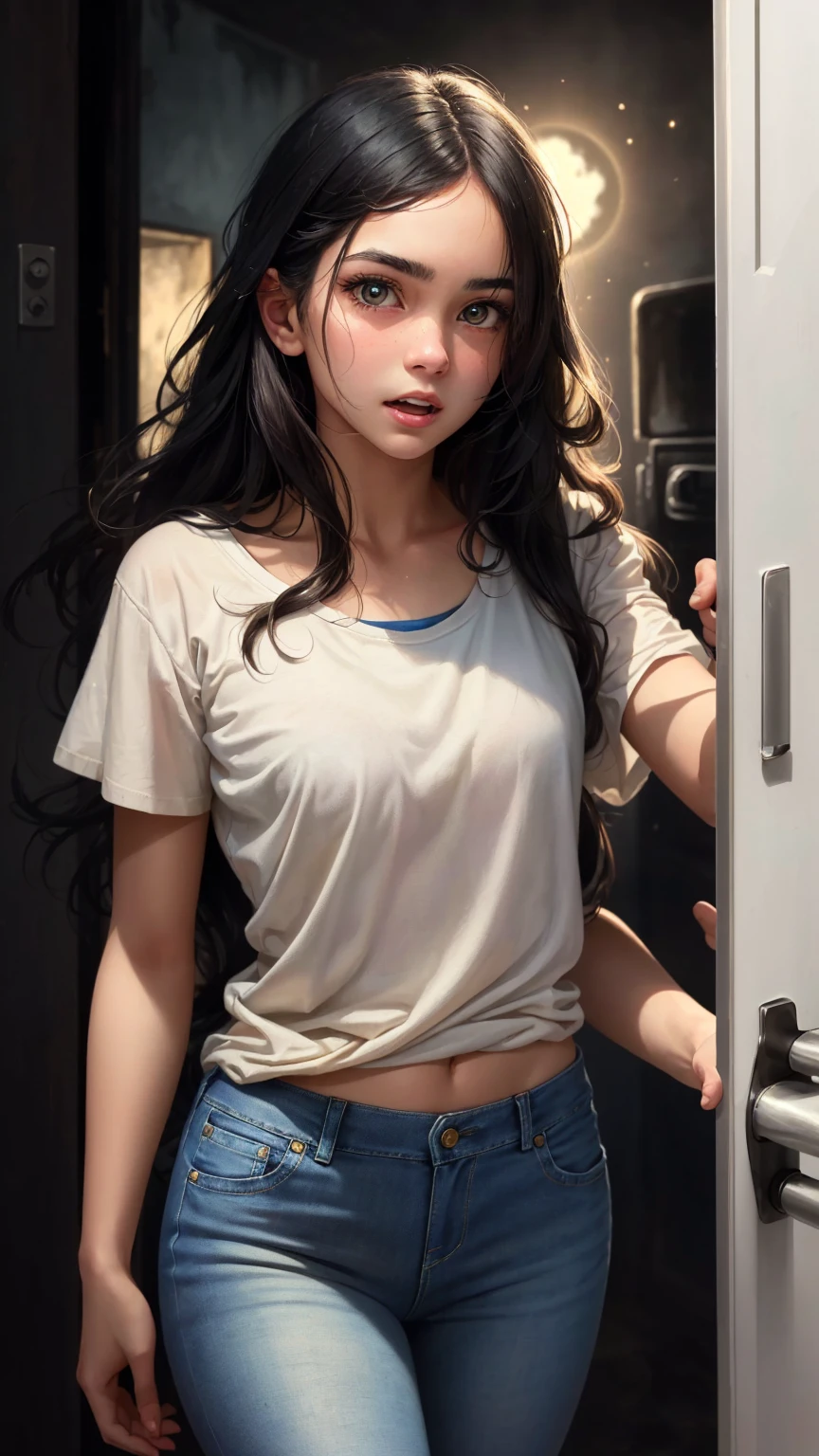 ((best quality)), ((masterpiece)), (detailed), A digital illustration of a long black haired teenage girl slowly opening a door with a expression of tense on her face. She is wearing a plain white t-shirt and blue jeans. The background is full moon and haunted