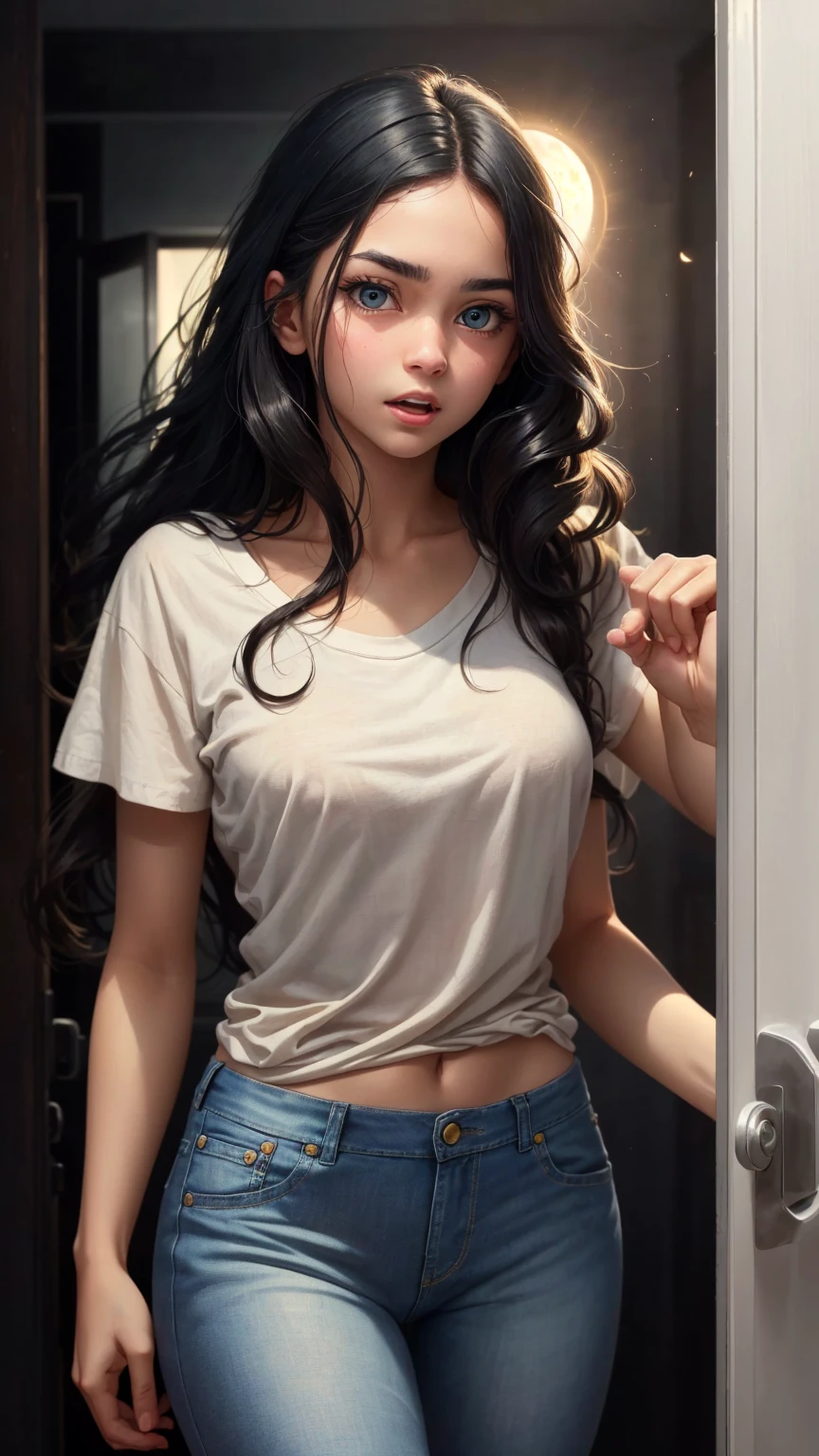 ((best quality)), ((masterpiece)), (detailed), A digital illustration of a long black haired teenage girl slowly opening a door with a expression of tense on her face. She is wearing a plain white t-shirt and blue jeans. The background is full moon and haunted