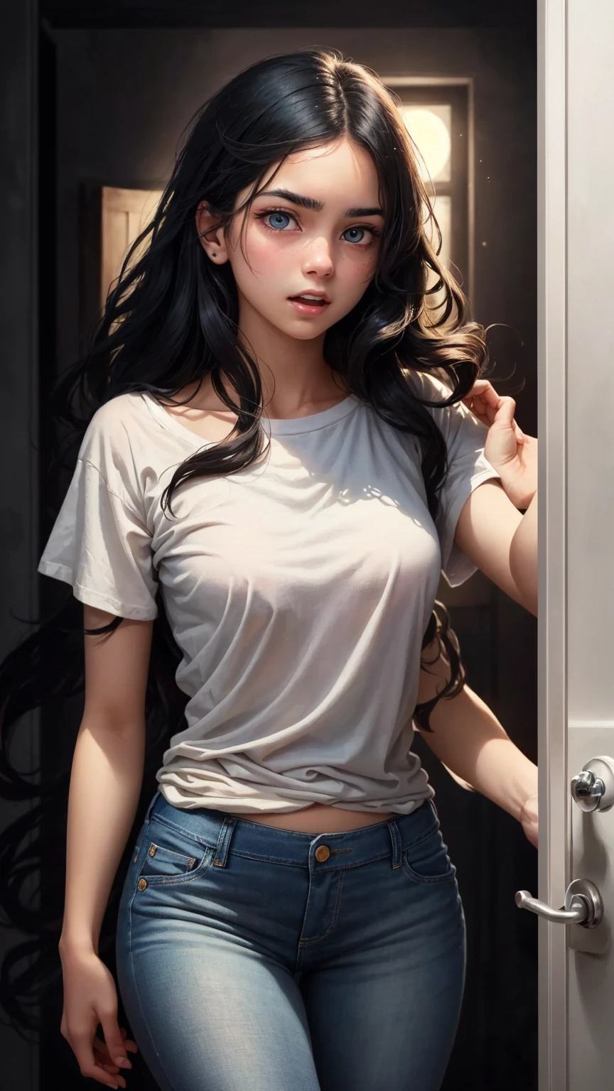 ((best quality)), ((masterpiece)), (detailed), A digital illustration of a long black haired age girl slowly opening a door with a expression of tense on her face. She is wearing a plain white t-shirt and blue jeans. The background is full moon and haunted
