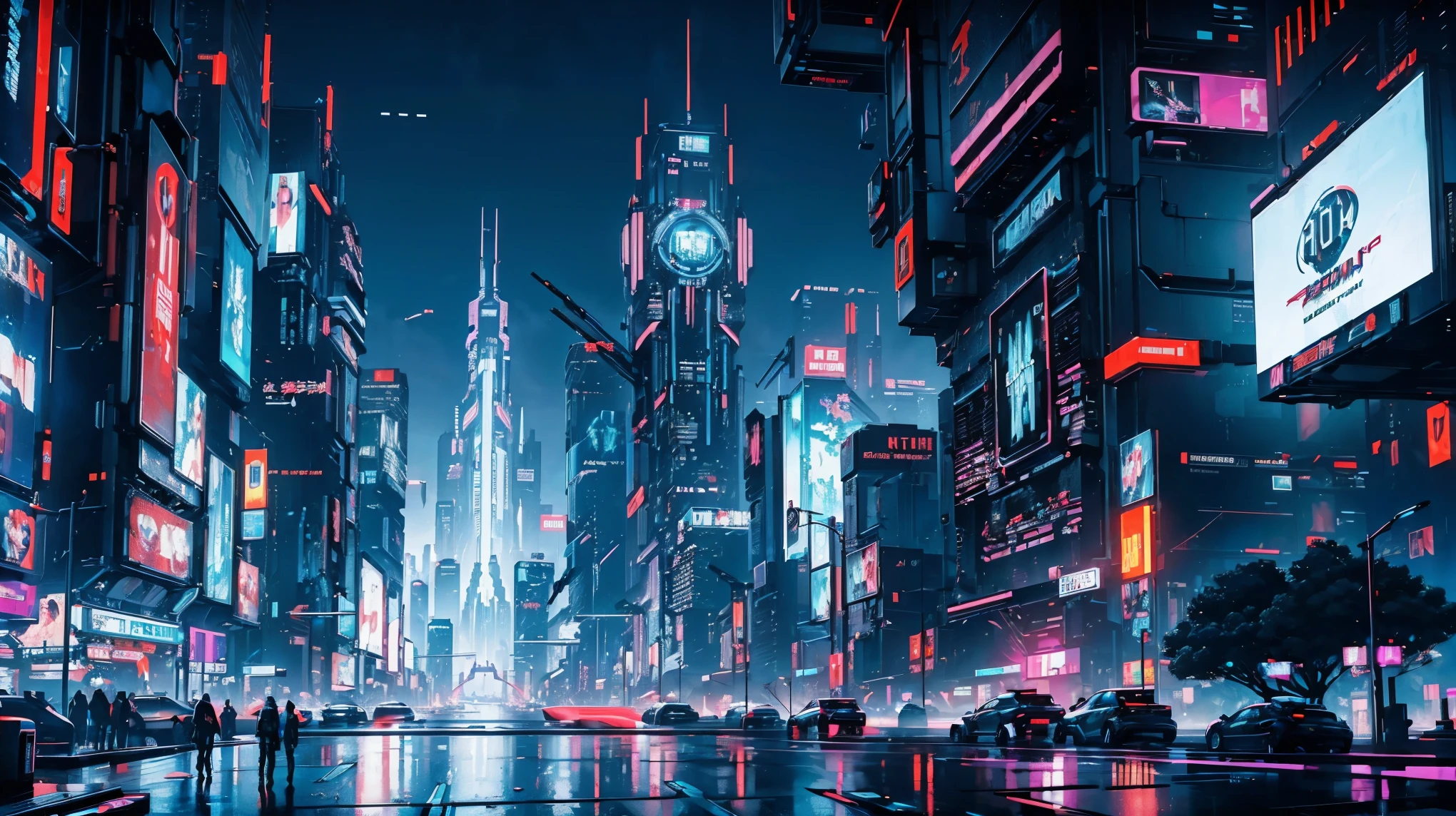 ((The Future of Cyberpunk)), Image of a cyberpunk city center, Surrounded by buildings、Advertising billboards everywhere, Retro-future