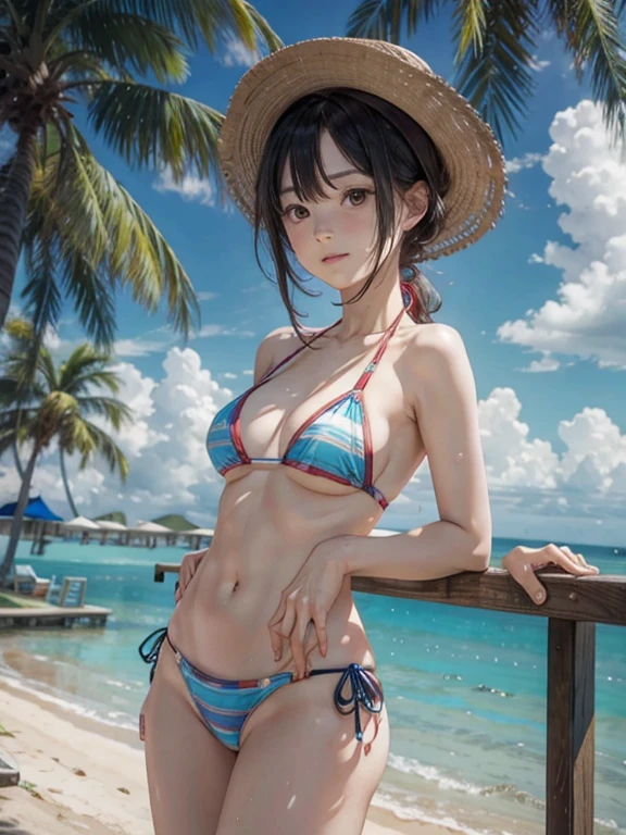 Woman, Black Hair, ((Long Hair in Tight Twin Braid)), Pale Skin, Black Bikini, Large Breasts, Woman (On Beach), Woman (Sitting under Beach Umbrella) Full SHade