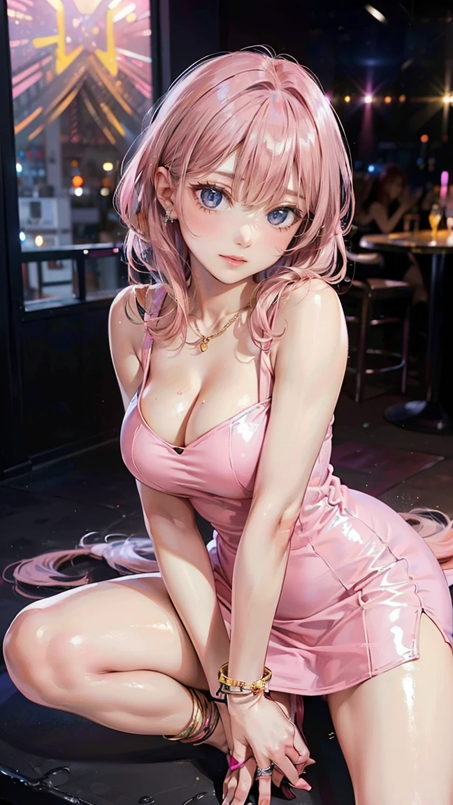 ((Highest quality, 8k, masterpiece :1.3)), (Sharp focus :1.2, Beautiful woman with perfect figure :1.4, Slim Abs), ((Big Breasts, Emphasize cleavage:1.2)), (Photorealistic:1.4), (realistic:1.4), (Pink Hair:1.5), Highly detailed face and skin texture, Fine grain, double eyelid. Makeup face, A little bit of lipstick, sex appeal, Sexy gravure pose, ((A gal wearing a pink super tight dress、She smiles happily and poses sexy in a nightclub in Ibiza。Adorn your legs with black anklets。:1.3))