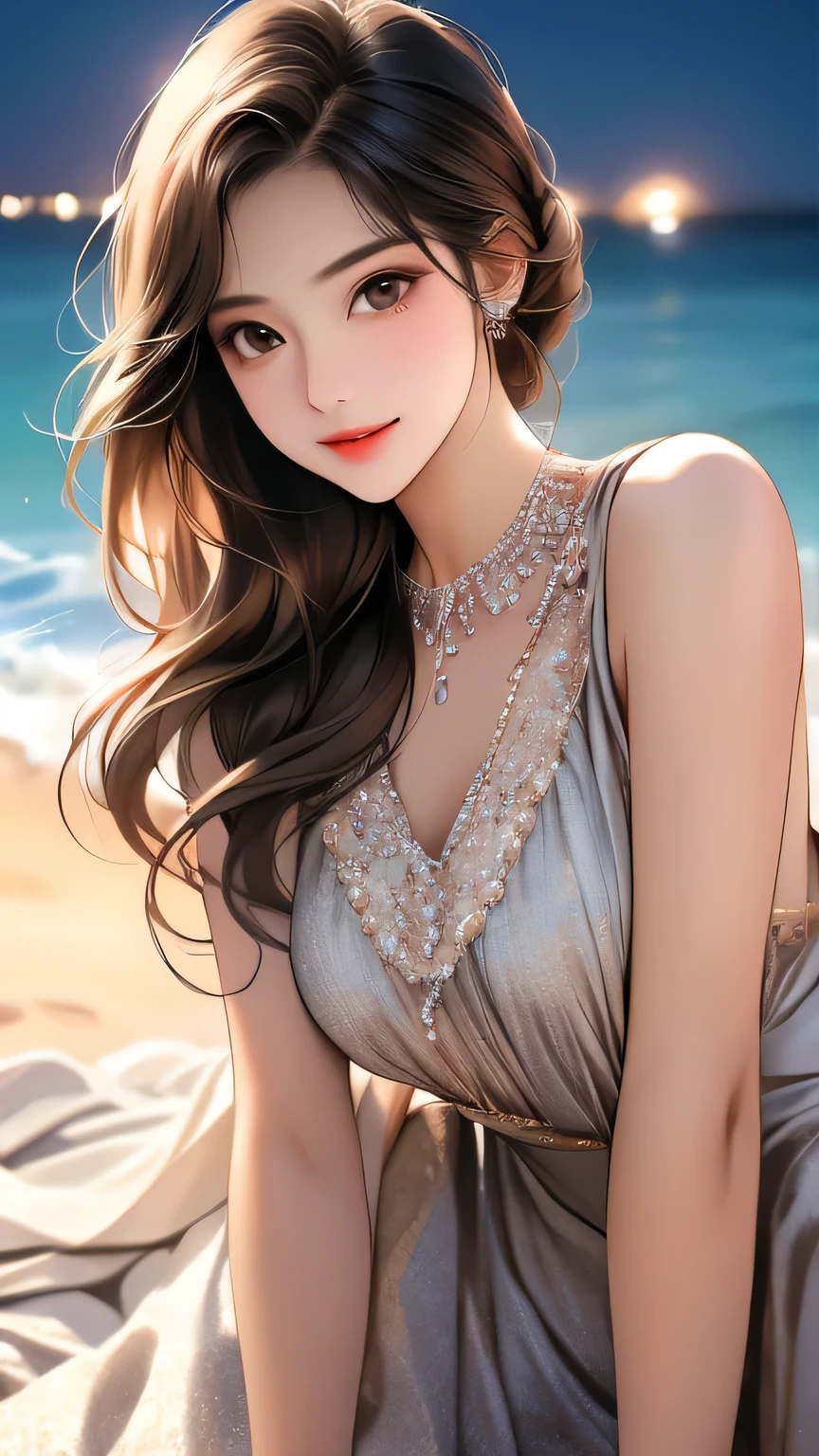 best quality、realistic、Photoreal、very detailed、very delicate and beautiful、RAW photo、professional lighting、facial light、Depth of the bounds written、focus only、Full body Esbian,1 woman (beach at night):1.4)、brown haired、brown eyes、small head、beautiful eyes、dark eyeliner、very big breasts、real face、real skin、lifelike face、real looking skin、detailed eye、detailed facial features、Detailed clothing characteristics、(fashion clothing:1.3) ), (fashion hairstyles: 1.3)、 looking at the viewer, simple background, Magnificent face and big, beautiful teeth、