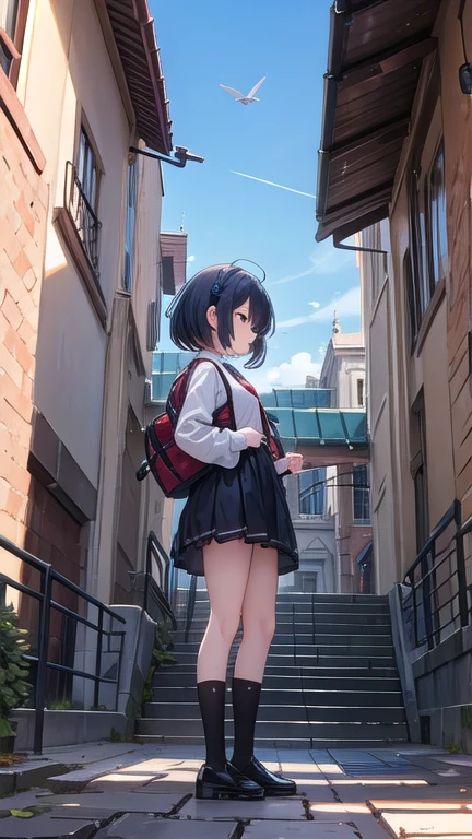 one girl,low angle shot,(from below:1.3),standing,Outdoors, fashionable street
