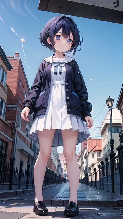 one girl,low angle shot,(from below:1.3),standing,Outdoors, fashionable street