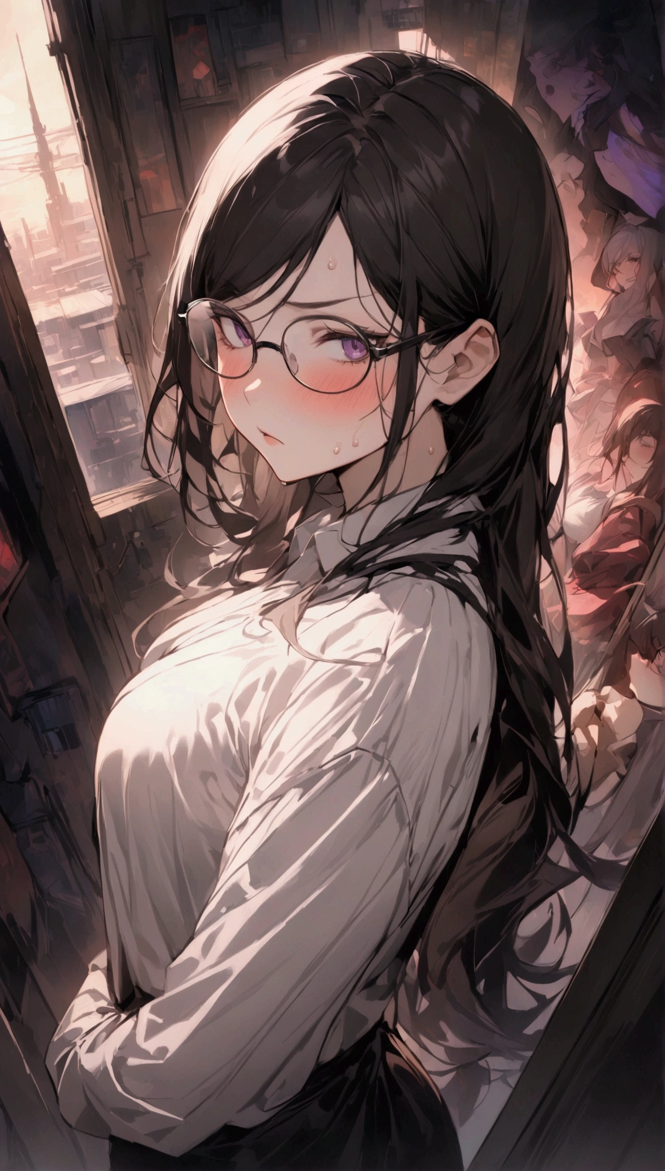 Dynamic composition,dutch angle,from side,脚にフォーカス,{{masterpiece}}, {{{Highest quality}}},{{Very detailed}},1girl,30years old,{Mature Woman}},otaku obsessed with fighting geeks,glasses,long-sleeved shirt,cyberpunk,,{{v-shaped eyebrows}},Bad mood,blush,Sweat,raise one's eyebrows ,{{View your viewers}}、long hair,abdominal pain ,indoor