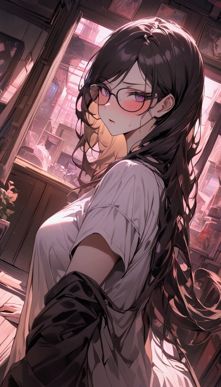 Dynamic composition,dutch angle,from side,脚にフォーカス,{{masterpiece}}, {{{Highest quality}}},{{Very detailed}},1girl,30years old,{Mature Woman}},otaku obsessed with fighting geeks,glasses,long-sleeved shirt,cyberpunk,,{{v-shaped eyebrows}},Bad mood,blush,Sweat,raise one's eyebrows ,{{View your viewers}}、long hair,abdominal pain ,indoor