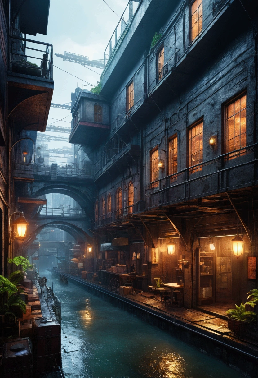 ((masterpiece)),((Highest quality)),((detailsまでこだわった)),((reality的,)) Industrial City, There is a deep canyon in the middle, Architecture Street, Bazaar, bridge, Wet day, steampunk, European architecture,Futuristic street, Cyberpunk atmosphere,neon,Real,reality,detailsまでReal,details