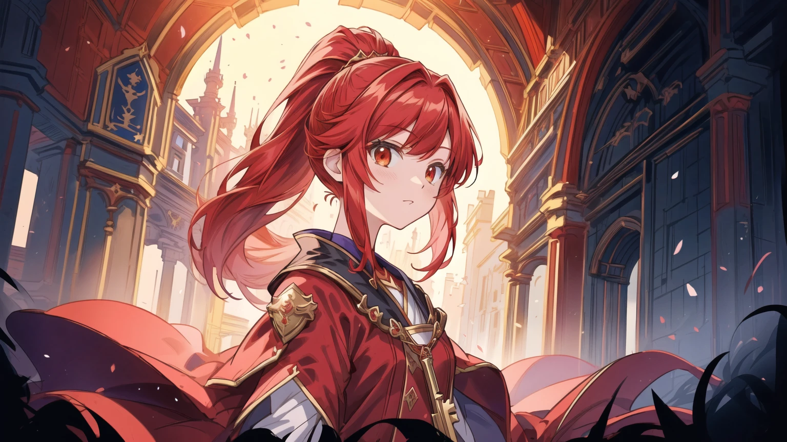 Redhead standing in front of a building、Anime girl wearing a red cloak,  Kushat Krenz Key Art Women, Portrait of the Knights of the Zodiac, Anime fantasy illustration, Detailed digital anime art