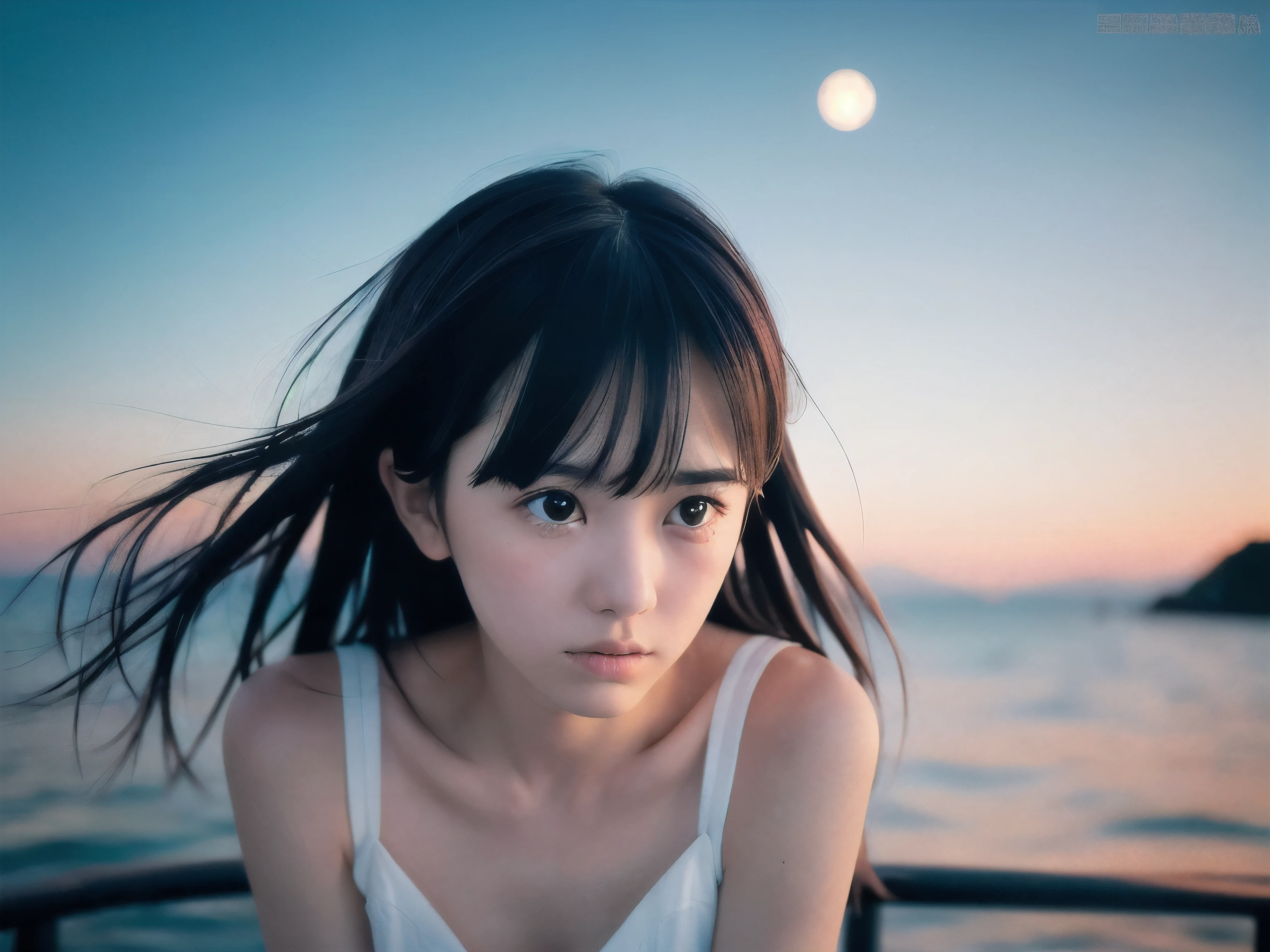 (Close up face shot of slender small-breasted two side up black medium hair with bangs girl wearing a white summer dress:1.5)、(One girl is turn around and big crying face with tears at the cape of the sea in Japan:1.5)、(Beautiful half moon night on the sea:1.5)、(blurred background:1.5)、(8k ultra detailed master piece:1.5)、(perfect anatomy:1.5)、(Photorealistic stick:1.5)、(Raw photo:1.3)、(highest quality:1.5)、(High resolution:1.3)、(Delicate and beautiful perfect face:1.3)、(Delicate and beautiful eye air skin:1.3)、(Real Human Skin:1.3)、((thin legs))