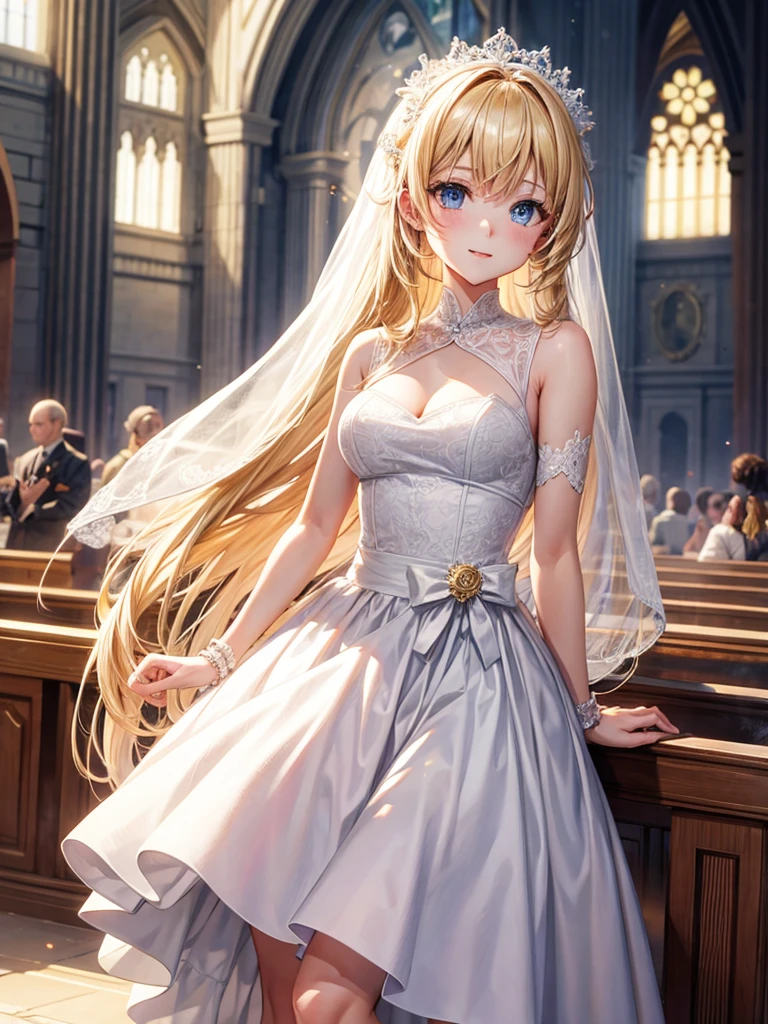 Anime style, super fine illustration, highly detailed, beautiful detailed, pale tone image, static representation, gentle expression, 8k, pretty 1girl with blonde straight short hair & blue eyes & a bright smile & full bust & soft fair skin is wearing the wedding dress in the church, brilliant particles of lights, romantic stories, solo, perfect 5fingers, perfect arms, perfect legs, masterpiece.